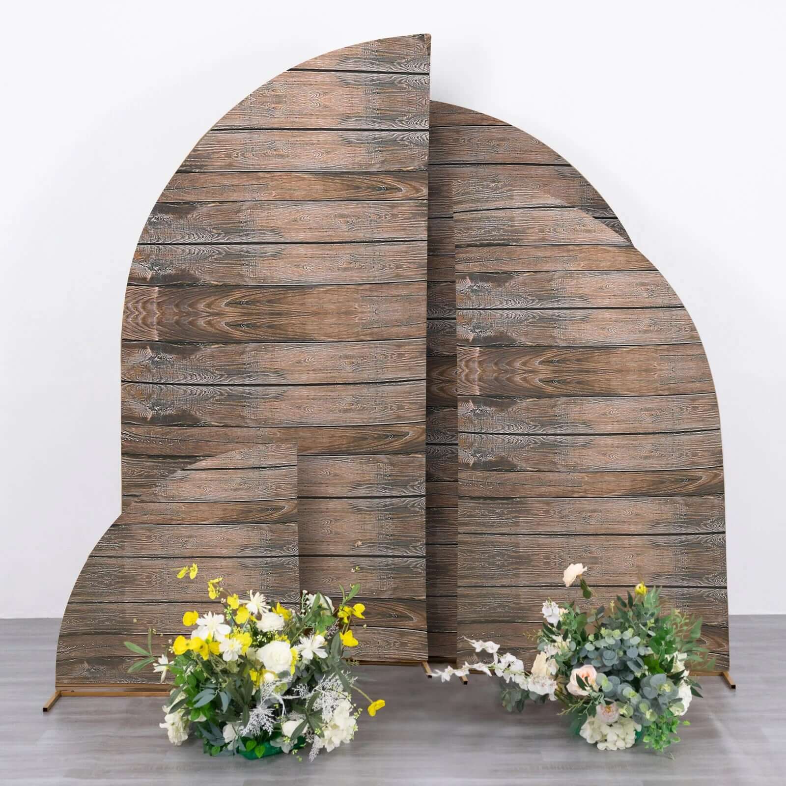Set of 4 Brown Spandex Chiara Backdrop Stand Covers With Rustic Wood Print, Fitted Covers For Half Moon Wedding Arches 2.5ft, 5ft, 6ft, 7ft - Image 2