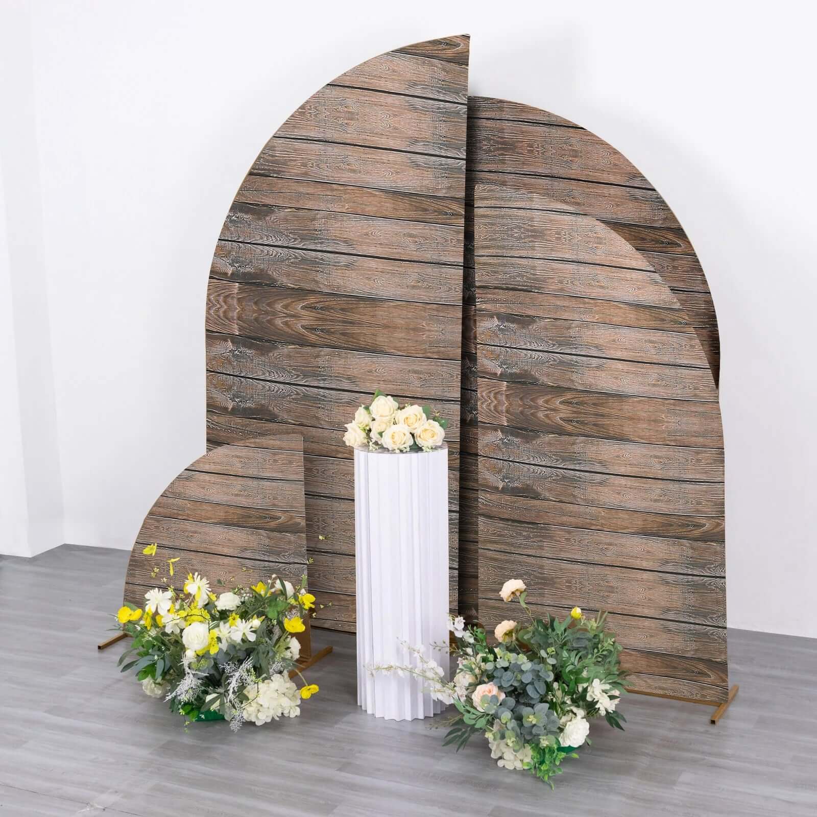 Set of 4 Brown Spandex Chiara Backdrop Stand Covers With Rustic Wood Print, Fitted Covers For Half Moon Wedding Arches 2.5ft, 5ft, 6ft, 7ft - Image 6