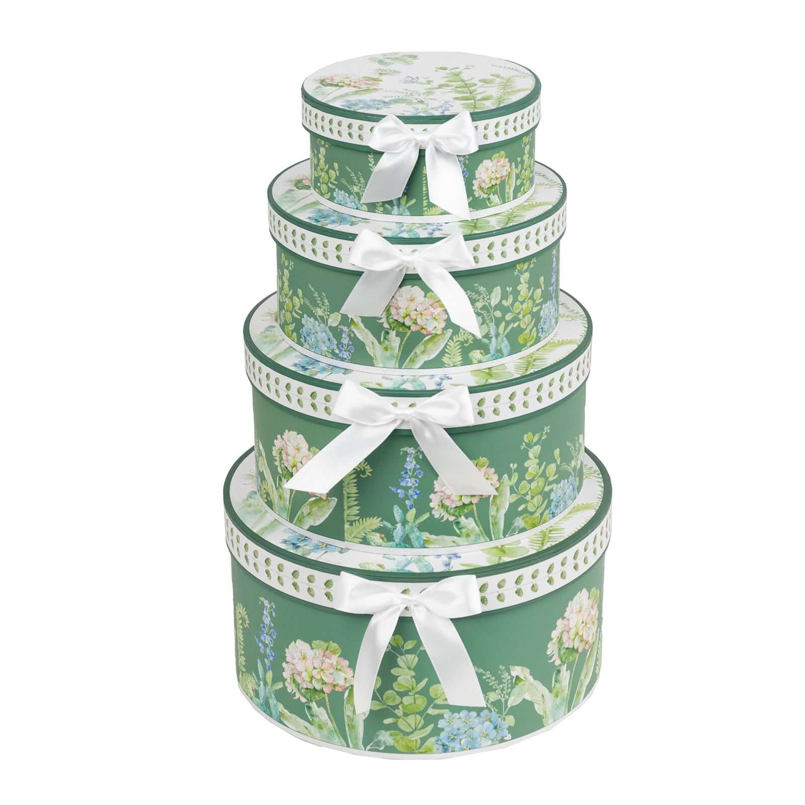 Set of 4 Cardstock Round Nesting Gift Boxes With Lids 5",7",8",9" Greenery Theme Design - Charming Stackable Heavy Duty Keepsake Boxes for Presents Storage & Display Stand - Image 11