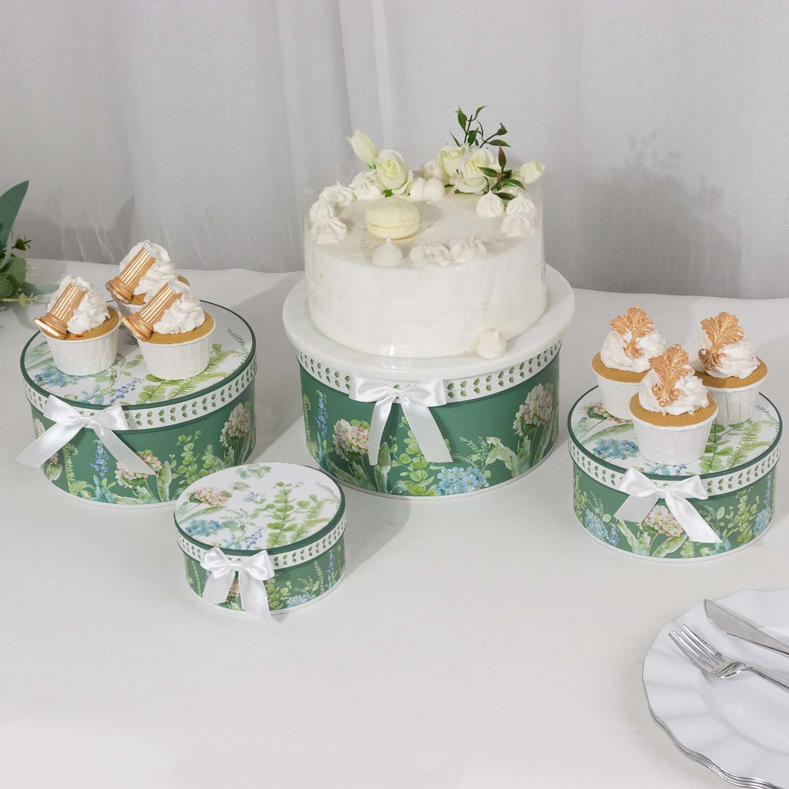 Set of 4 Cardstock Round Nesting Gift Boxes With Lids 5",7",8",9" Greenery Theme Design - Charming Stackable Heavy Duty Keepsake Boxes for Presents Storage & Display Stand - Image 12