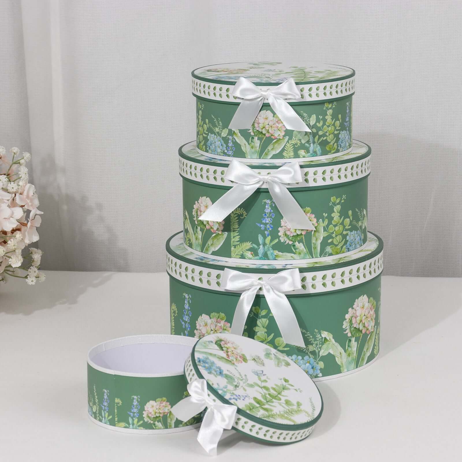 Set of 4 Cardstock Round Nesting Gift Boxes With Lids 5",7",8",9" Greenery Theme Design - Charming Stackable Heavy Duty Keepsake Boxes for Presents Storage & Display Stand - Image 2