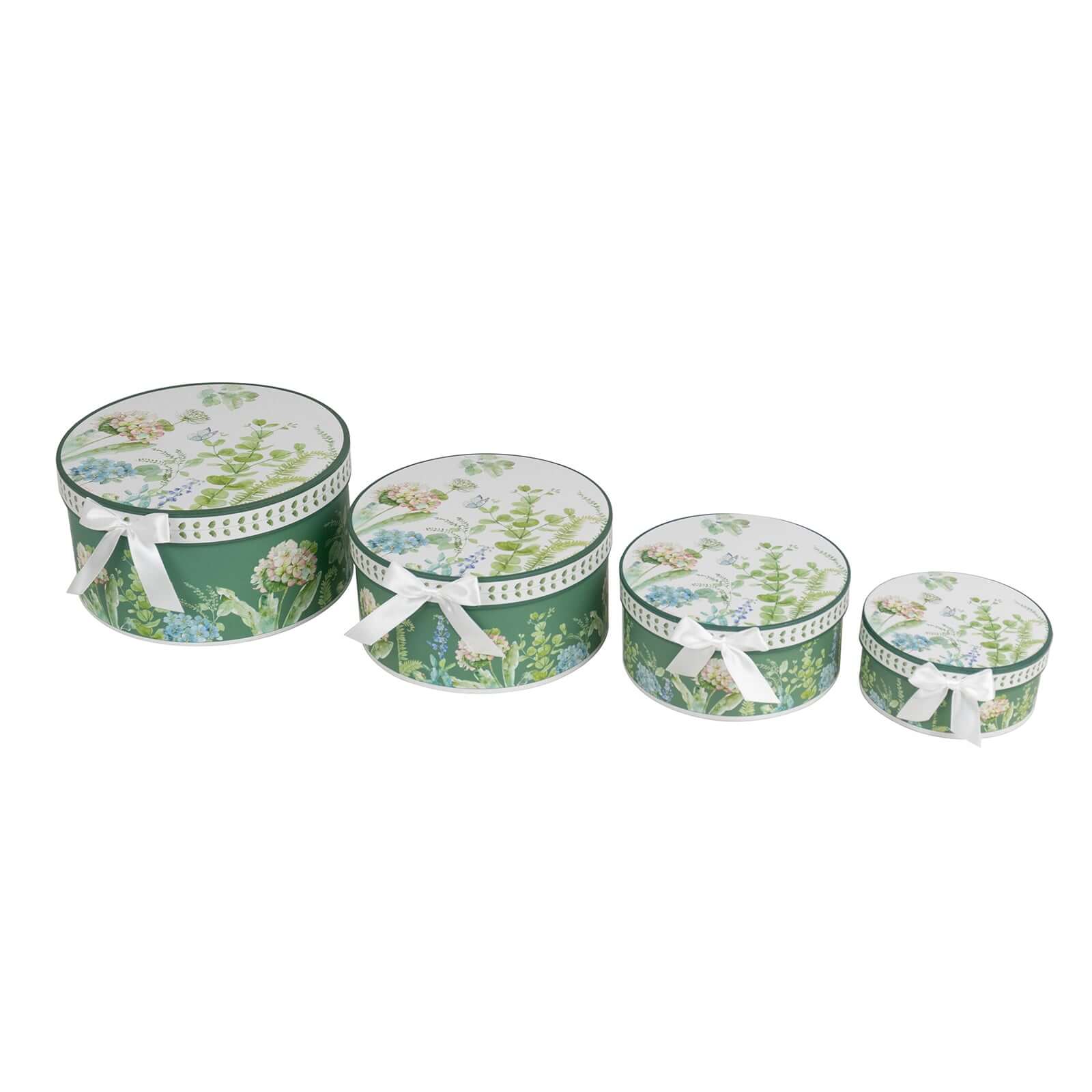 Set of 4 Cardstock Round Nesting Gift Boxes With Lids 5",7",8",9" Greenery Theme Design - Charming Stackable Heavy Duty Keepsake Boxes for Presents Storage & Display Stand - Image 7