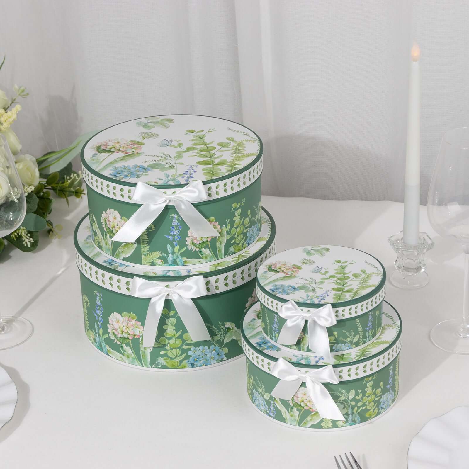 Set of 4 Cardstock Round Nesting Gift Boxes With Lids 5",7",8",9" Greenery Theme Design - Charming Stackable Heavy Duty Keepsake Boxes for Presents Storage & Display Stand - Image 9