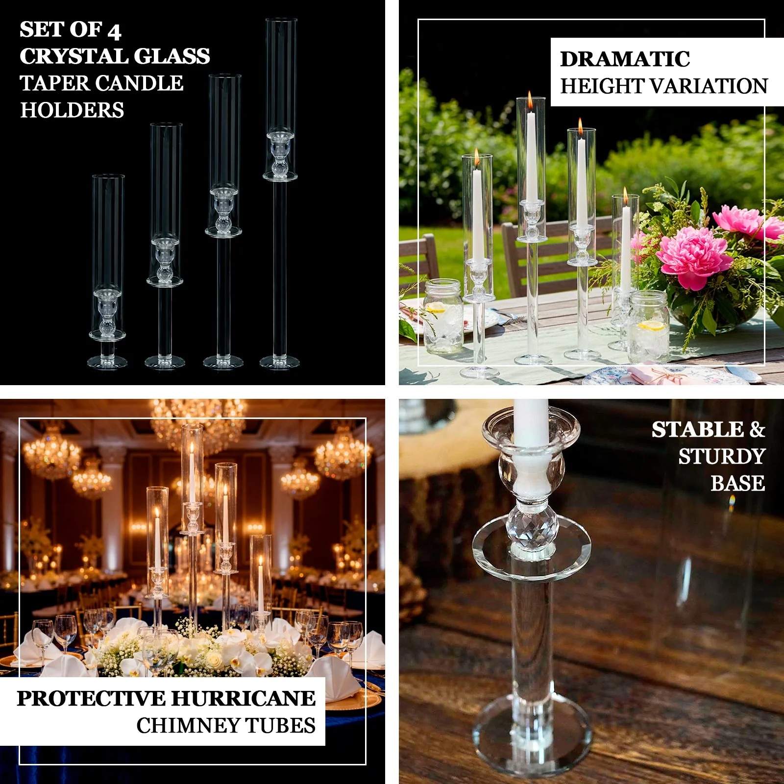 Set of 4 Crystal Glass Hurricane Taper Candle Holders, Clear Cylinder Chimney Tubes - Decorative Tall Candle Stands 14", 18", 22", 26" - Image 4