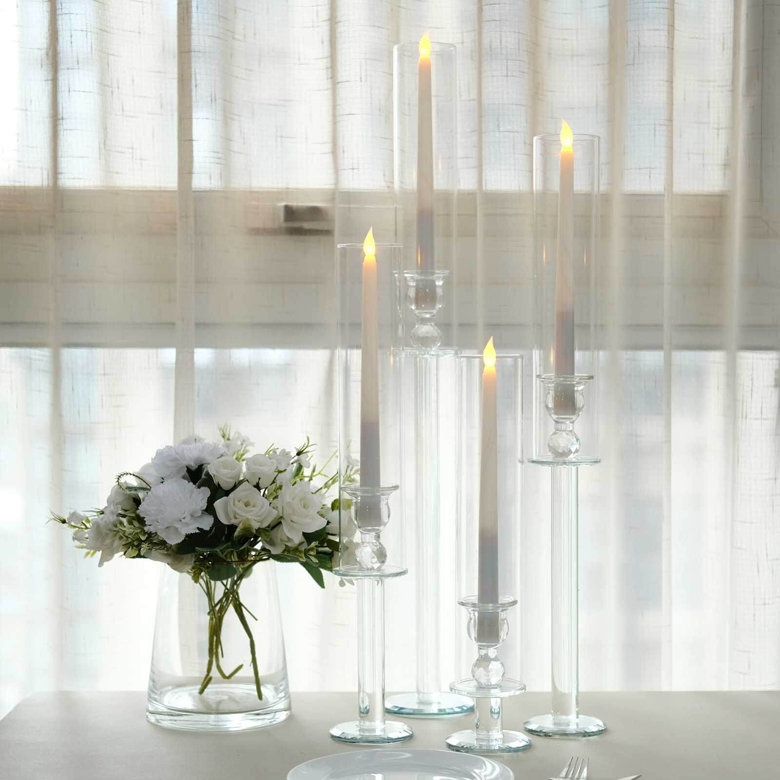 Set of 4 Crystal Glass Hurricane Taper Candle Holders, Clear Cylinder Chimney Tubes - Decorative Tall Candle Stands 14", 18", 22", 26" - Image 7