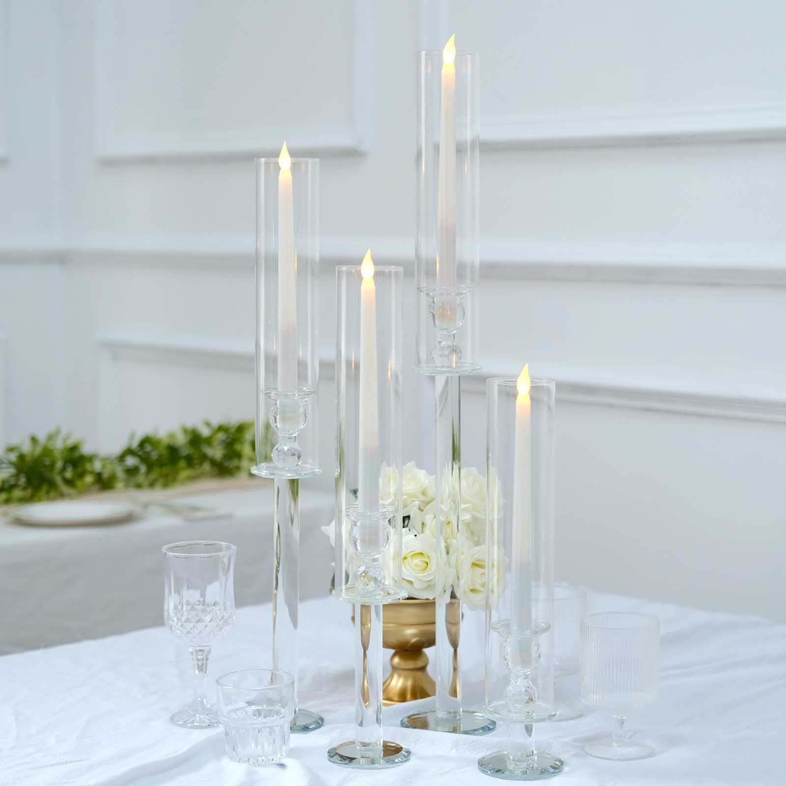 Set of 4 Crystal Glass Hurricane Taper Candle Holders, Clear Cylinder Chimney Tubes - Decorative Tall Candle Stands 14", 18", 22", 26" - Image 9