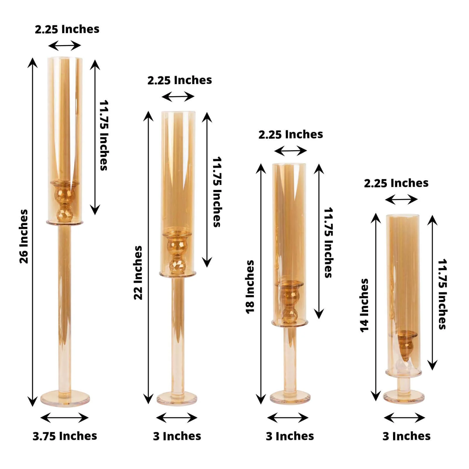 Set of 4 Crystal Glass Hurricane Taper Candle Holders, Amber Gold Cylinder Chimney Tubes - Decorative Tall Candle Stands 14", 18", 22", 26" - Image 3