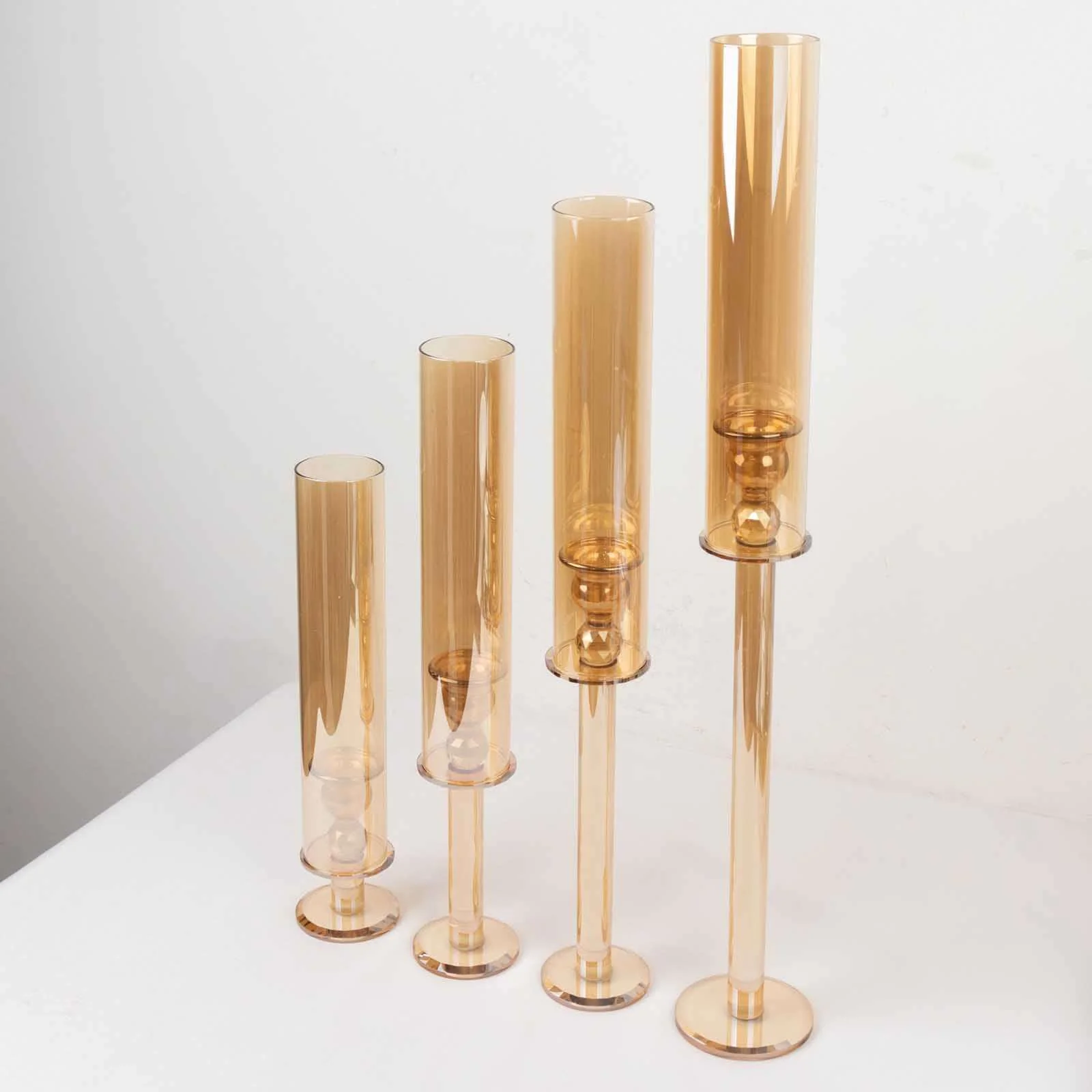 Set of 4 Crystal Glass Hurricane Taper Candle Holders, Amber Gold Cylinder Chimney Tubes - Decorative Tall Candle Stands 14", 18", 22", 26" - Image 4