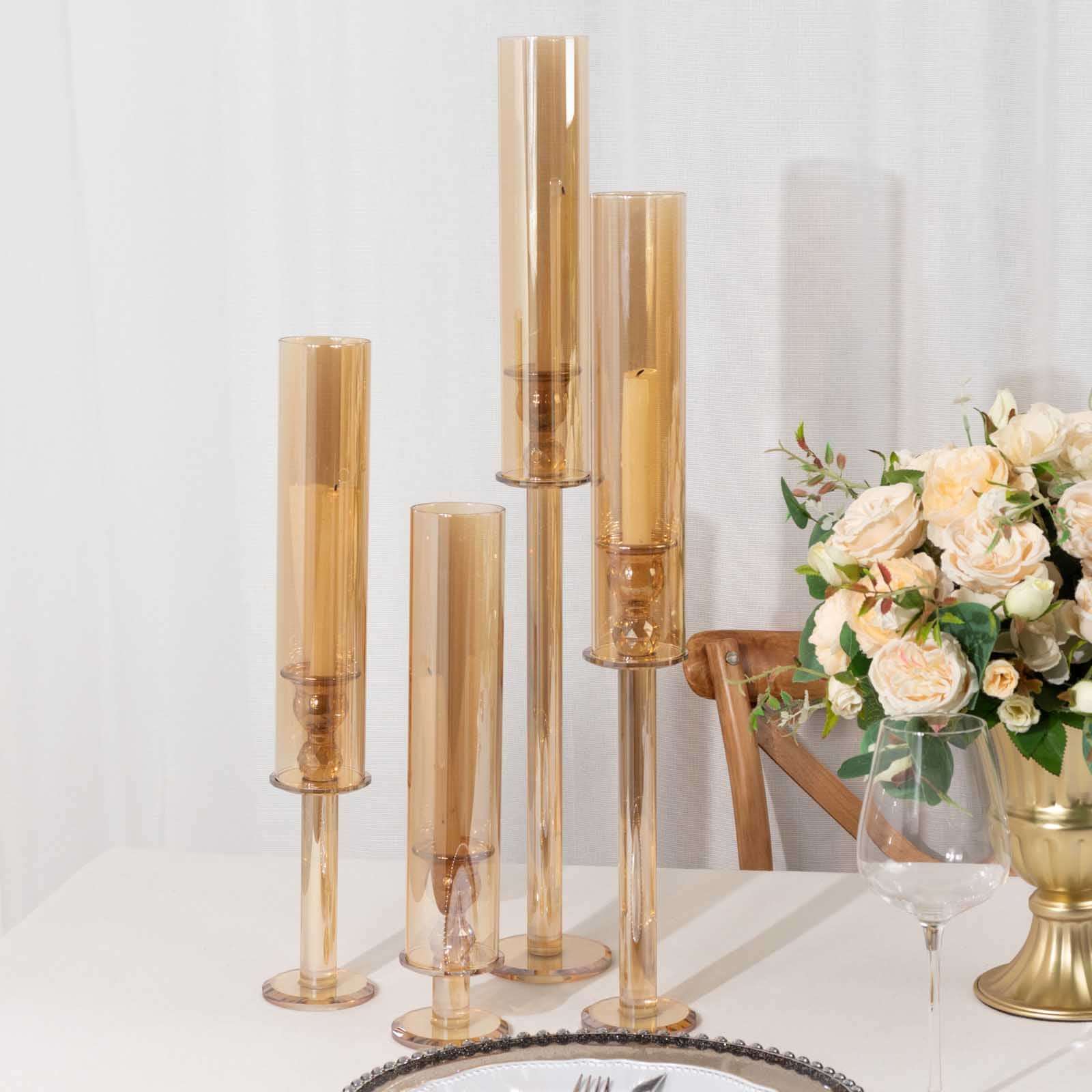 Set of 4 Crystal Glass Hurricane Taper Candle Holders, Amber Gold Cylinder Chimney Tubes - Decorative Tall Candle Stands 14", 18", 22", 26" - Image 5