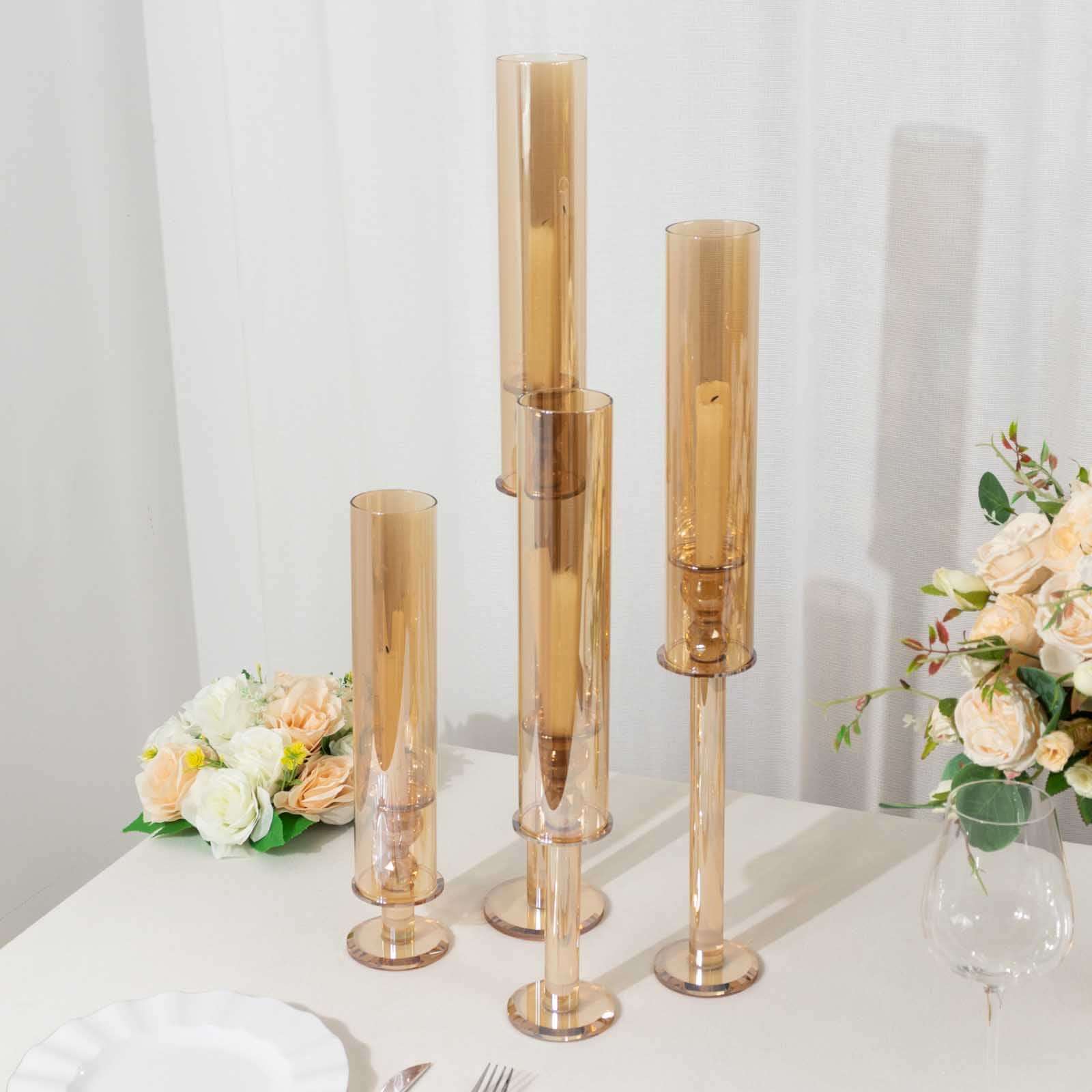 Set of 4 Crystal Glass Hurricane Taper Candle Holders, Amber Gold Cylinder Chimney Tubes - Decorative Tall Candle Stands 14", 18", 22", 26" - Image 7