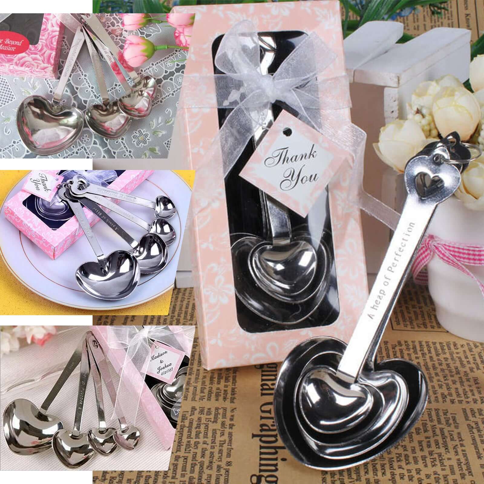 Set of 4 Engraved Silver Heart Measuring Spoon Wedding Party Favors Set, Free Gift Box & Thank You Tag Included - Image 5