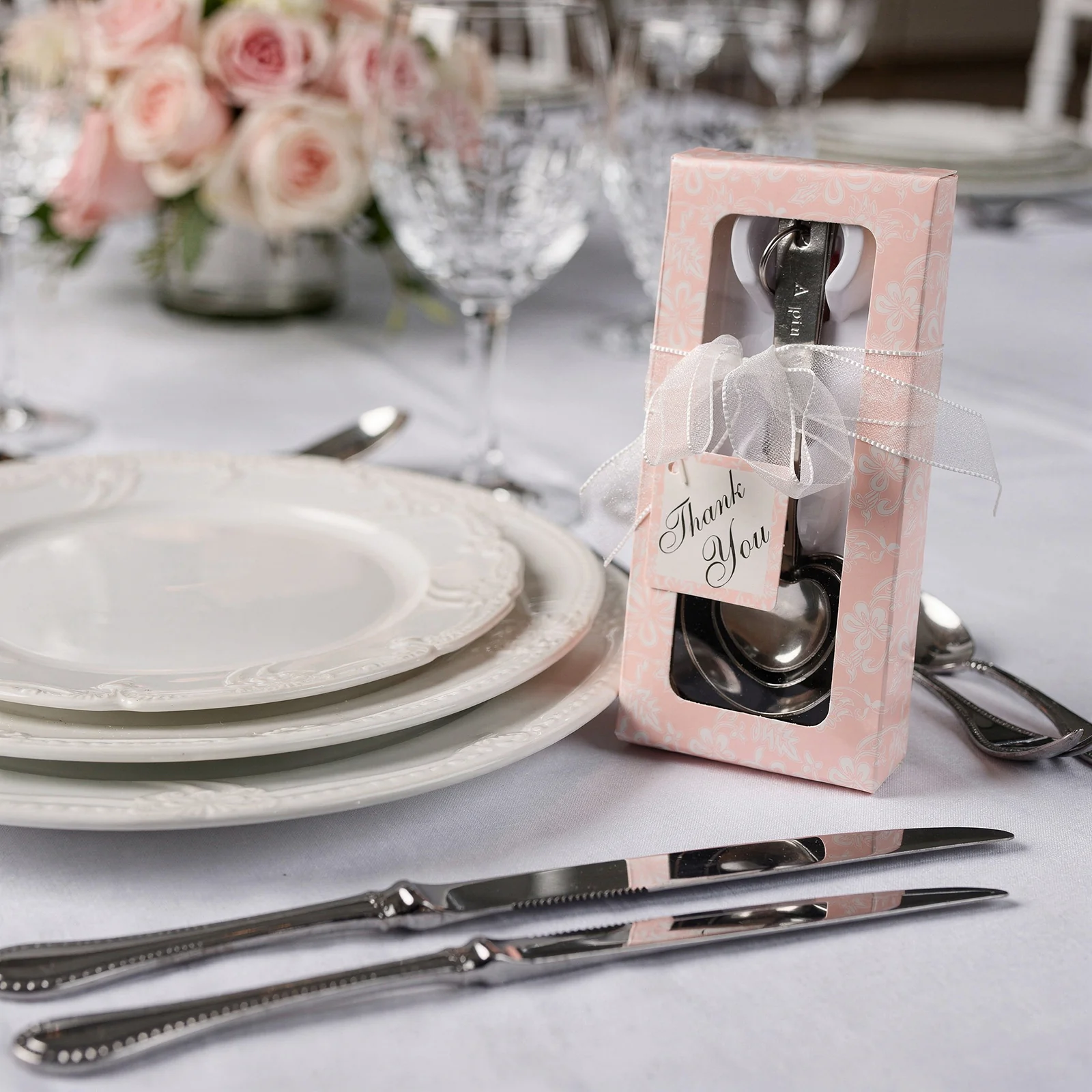 Set of 4 Engraved Silver Heart Measuring Spoon Wedding Party Favors Set, Free Gift Box & Thank You Tag Included - Image 6
