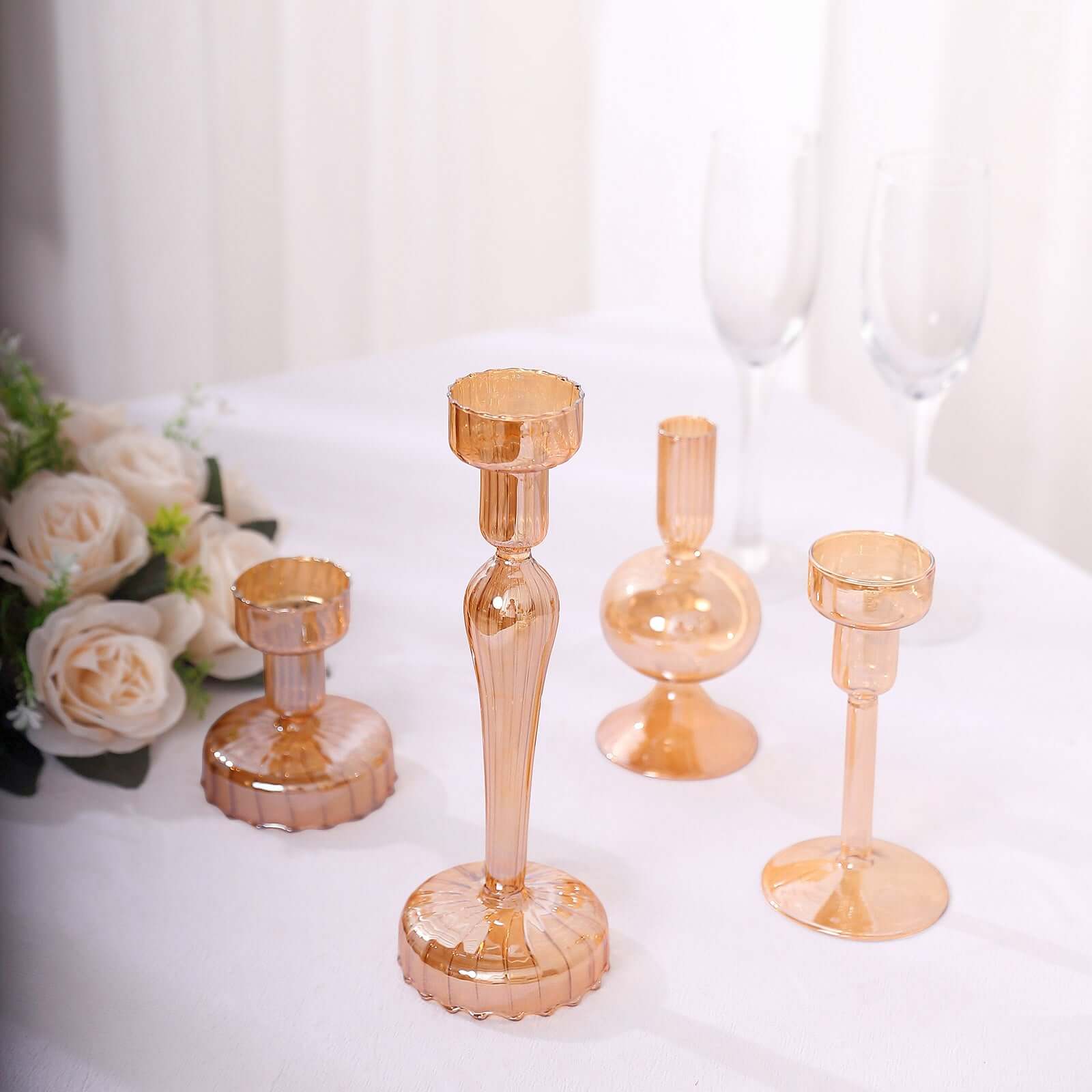 Set of 4 Glass Taper Votive Candle Holders 4", 5.5", 6", 9" Lined Crystal Design Assorted Amber Gold - Tea Light Stand Set - Image 10