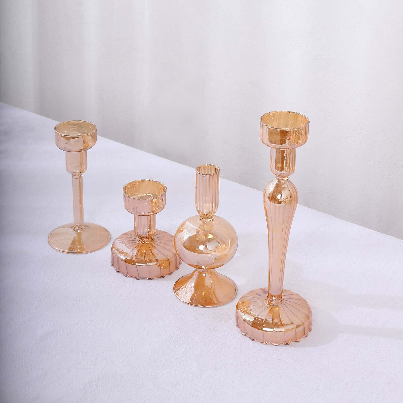 Set of 4 Glass Taper Votive Candle Holders 4", 5.5", 6", 9" Lined Crystal Design Assorted Amber Gold - Tea Light Stand Set - Image 11