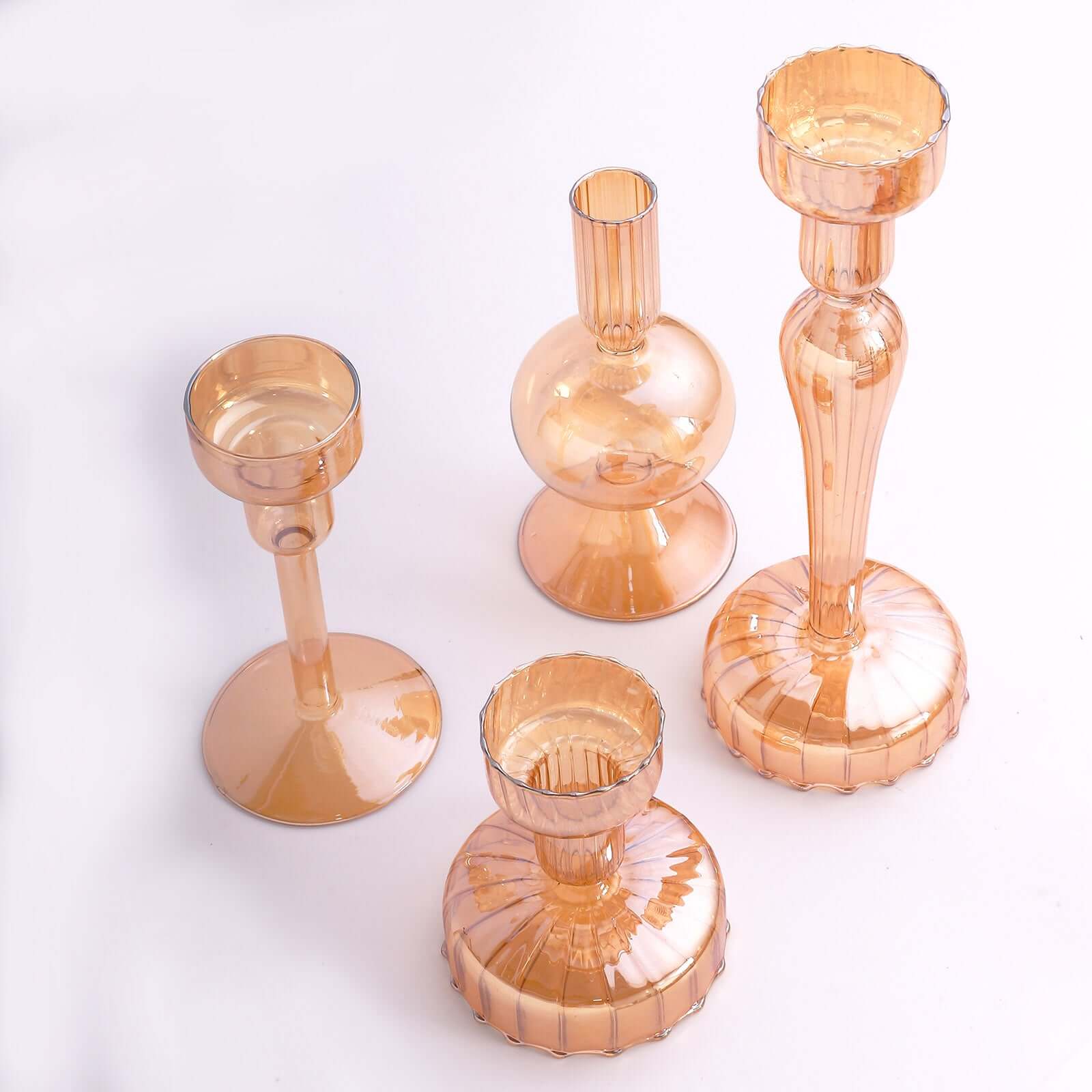 Set of 4 Glass Taper Votive Candle Holders 4", 5.5", 6", 9" Lined Crystal Design Assorted Amber Gold - Tea Light Stand Set - Image 12
