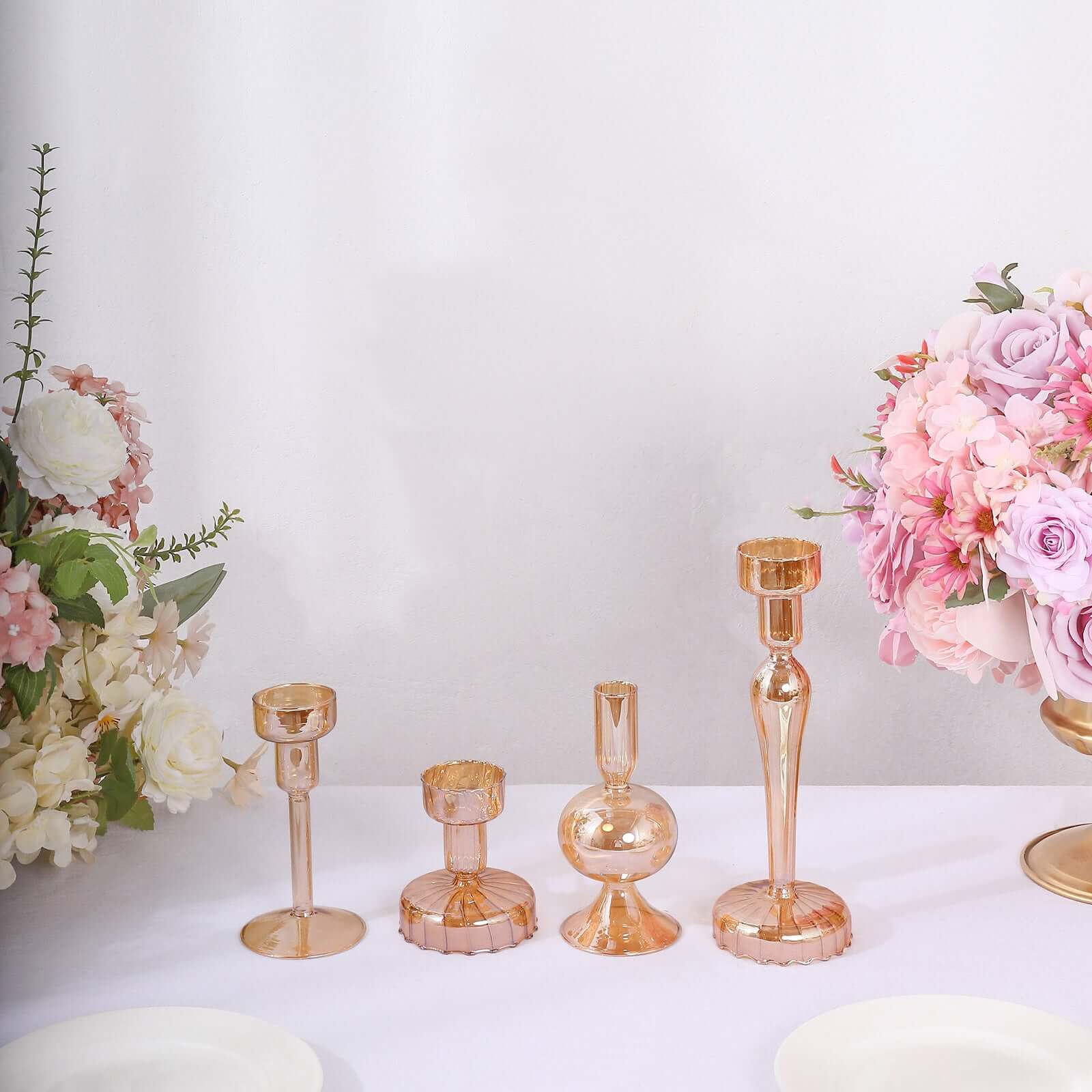 Set of 4 Glass Taper Votive Candle Holders 4", 5.5", 6", 9" Lined Crystal Design Assorted Amber Gold - Tea Light Stand Set - Image 6