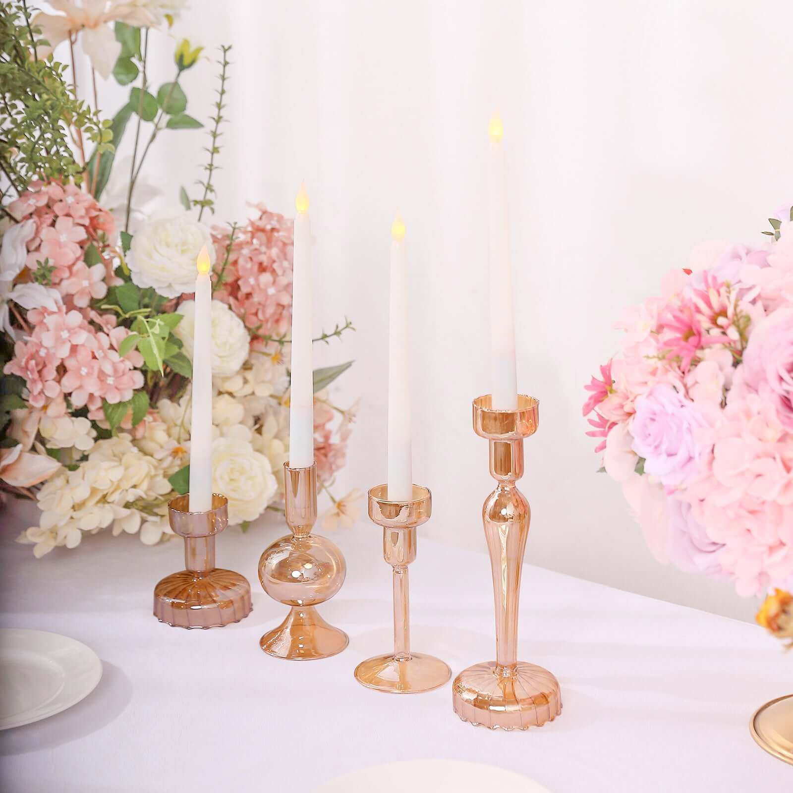 Set of 4 Glass Taper Votive Candle Holders 4", 5.5", 6", 9" Lined Crystal Design Assorted Amber Gold - Tea Light Stand Set - Image 8