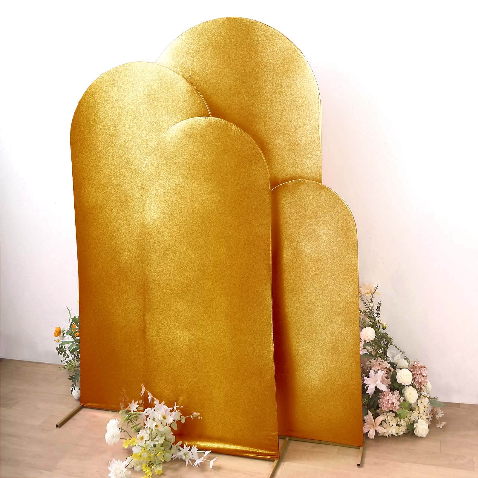 Set of 4 Gold Spandex Chiara Backdrop Stand Covers with Metallic Finish, Fitted Covers For Round Top Wedding Arches - 4ft,5ft,6ft,7ft - Image 4