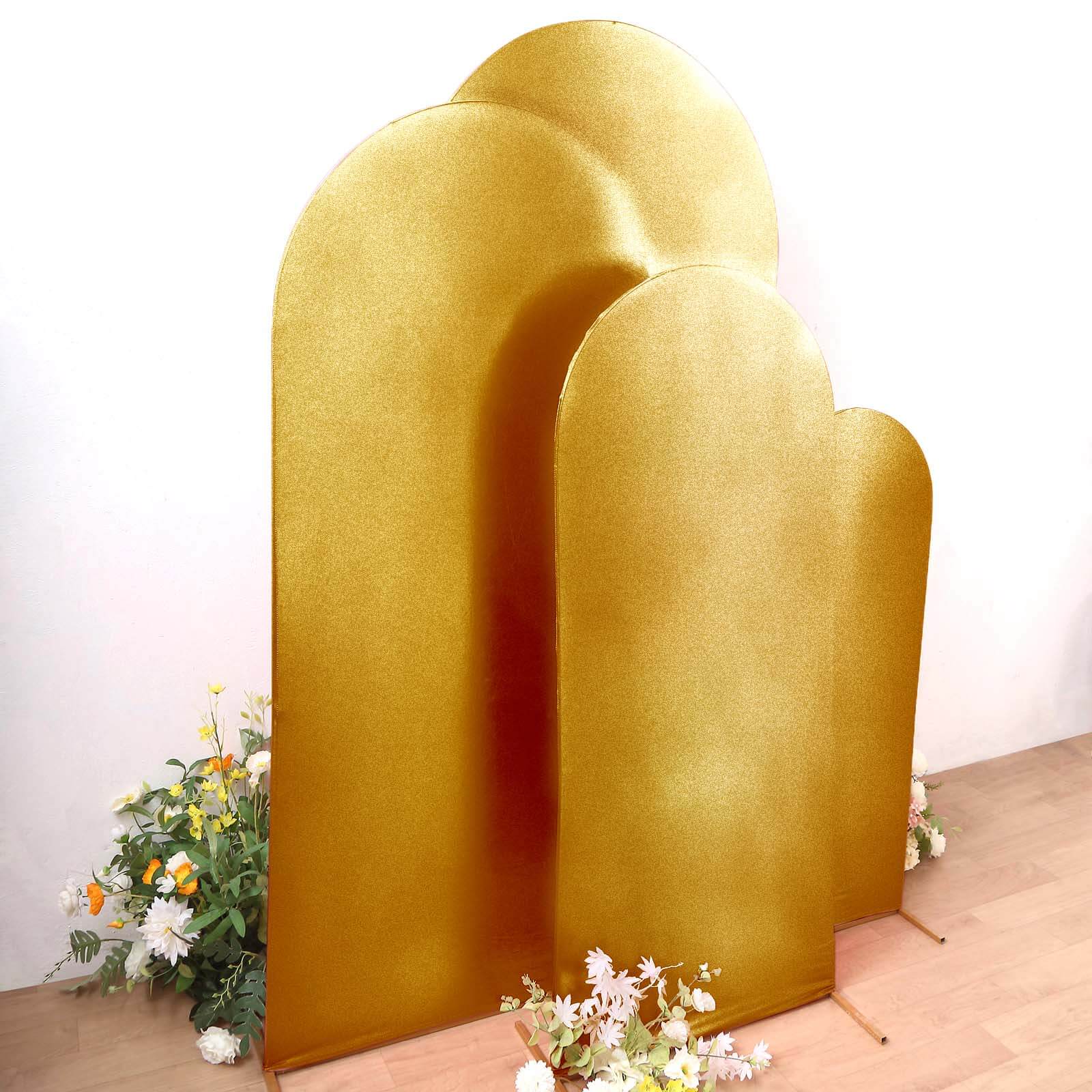 Set of 4 Gold Spandex Chiara Backdrop Stand Covers with Metallic Finish, Fitted Covers For Round Top Wedding Arches - 4ft,5ft,6ft,7ft - Image 5