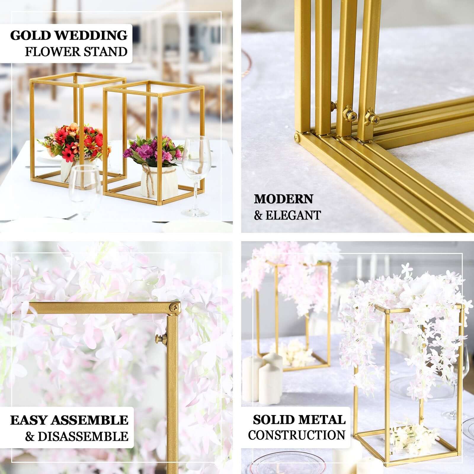 Set of 4 Matte Gold Metal Flower Stands 16"/24"/32"/40" Frame Wedding Column Centerpieces - Durable Display - Image 4