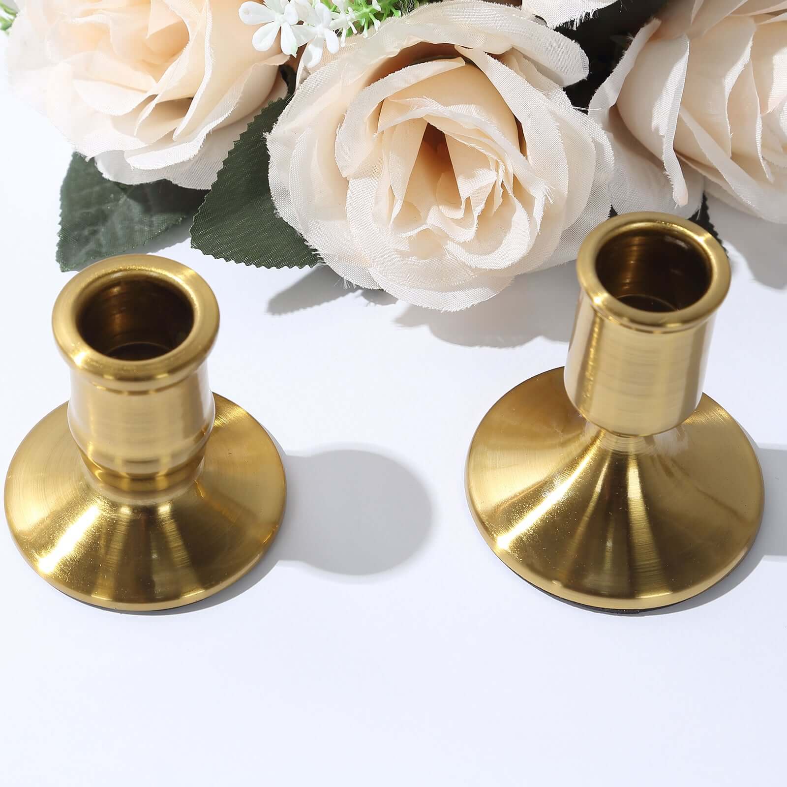 Set of 4 Metal Taper Candle Holders 2.5", 3" Vintage Gold with Sturdy Round Base - Traditional Pillar Candlestick Holders - Image 9