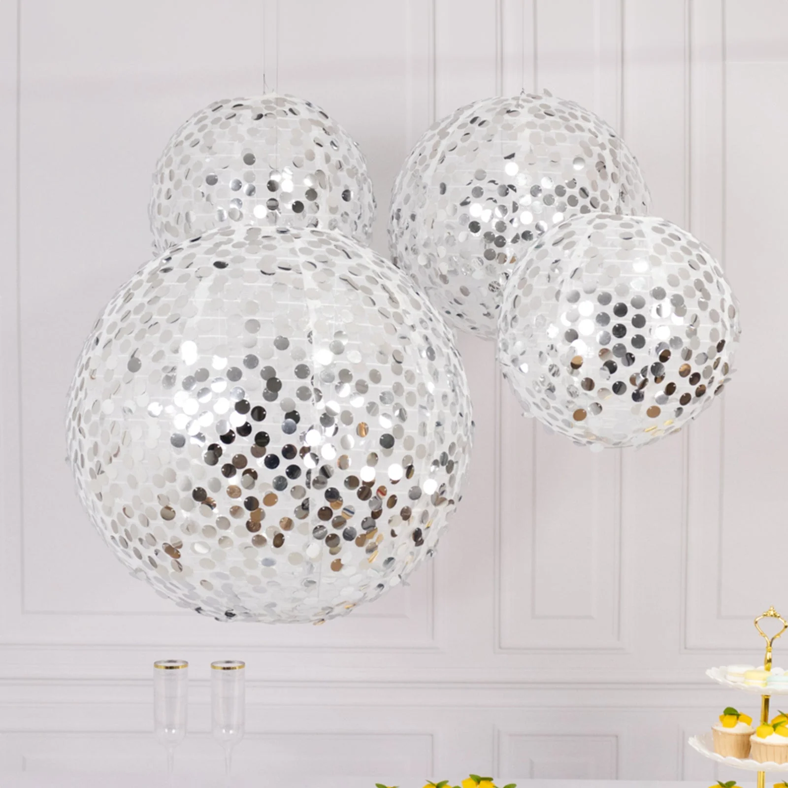 Set of 4 Shimmer Silver Payette Sequin Hanging Lanterns, Large Decorative Round Foldable Fabric Chinese Lantern Lampshades - 12",14",16",20"