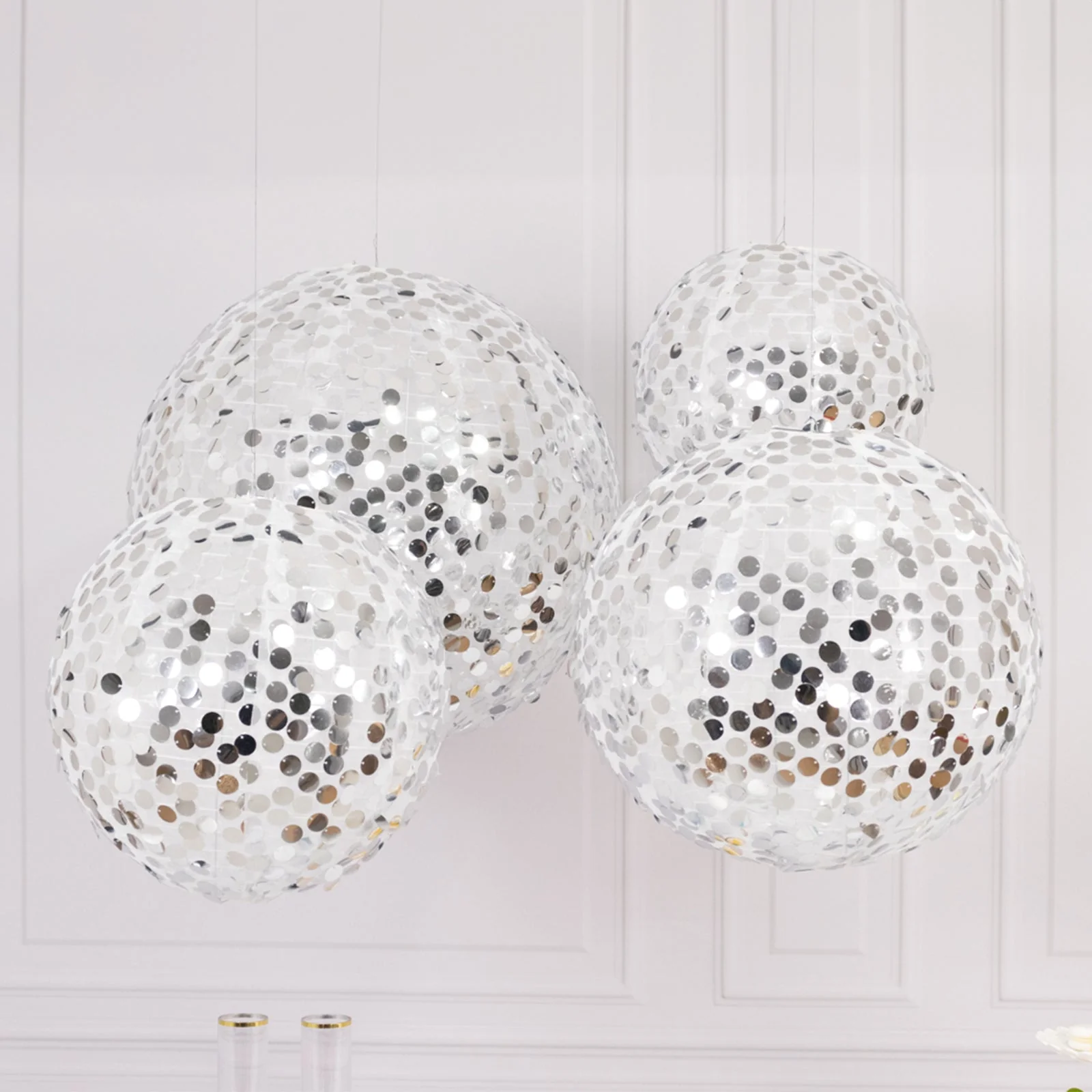 Set of 4 Shimmer Silver Payette Sequin Hanging Lanterns, Large Decorative Round Foldable Fabric Chinese Lantern Lampshades - 12",14",16",20" - Image 3