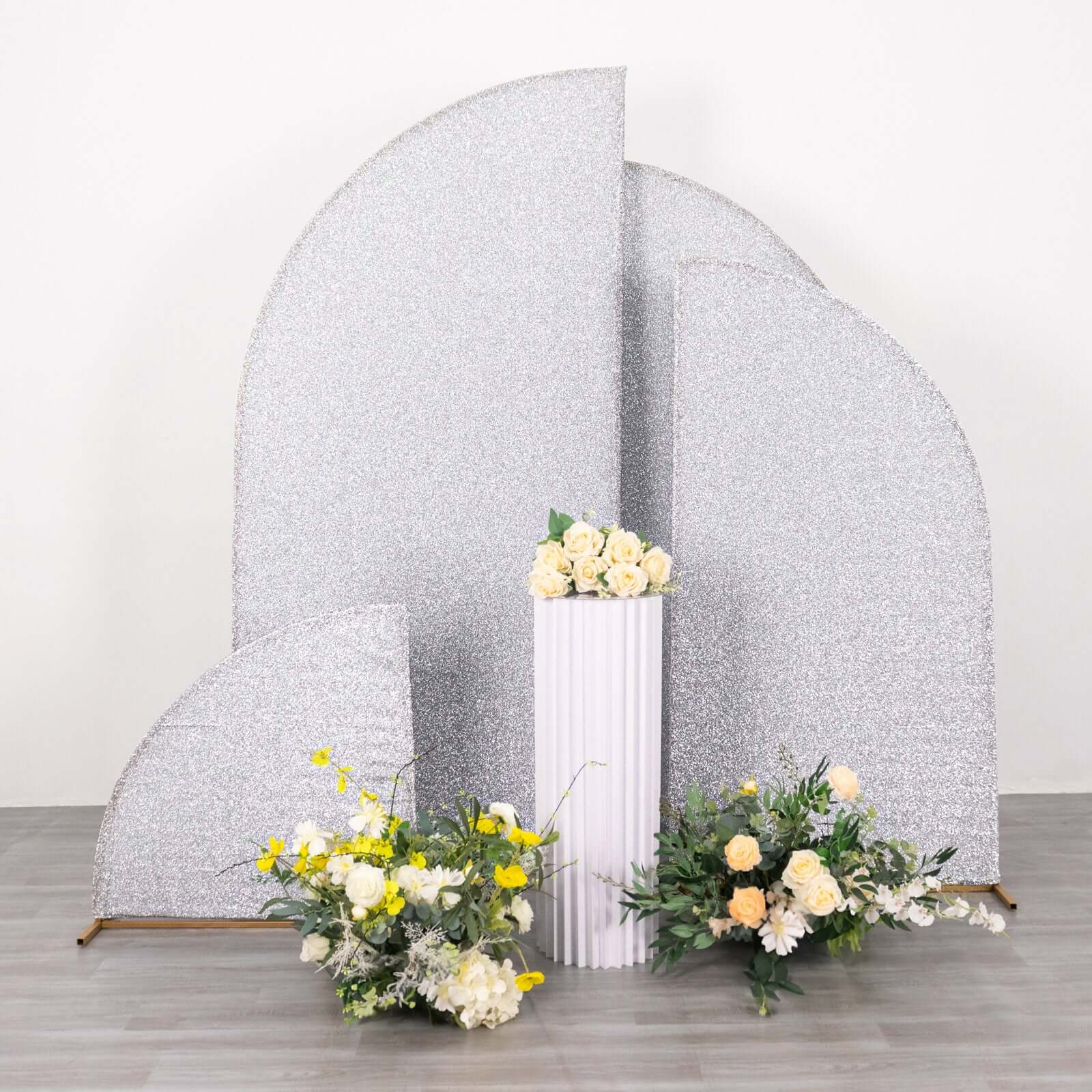 Set of 4 Silver Chiara Backdrop Stand Covers Shimmer Tinsel Finish, Fitted Covers For Half Moon Wedding Arches 2.5ft, 5ft, 6ft, 7ft - Image 2