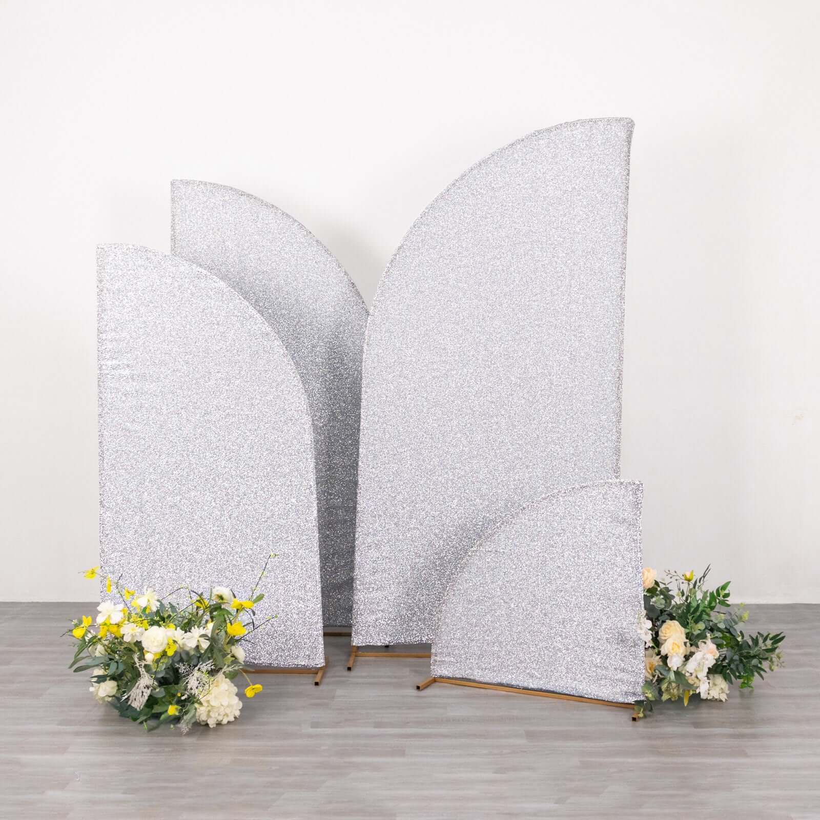 Set of 4 Silver Chiara Backdrop Stand Covers Shimmer Tinsel Finish, Fitted Covers For Half Moon Wedding Arches 2.5ft, 5ft, 6ft, 7ft - Image 4