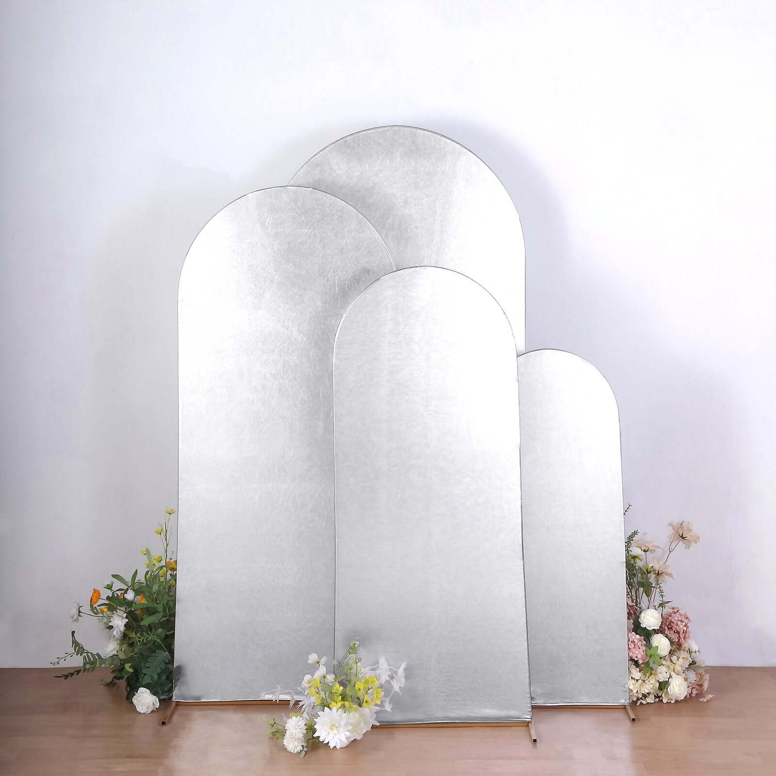 Set of 4 Silver Spandex Chiara Backdrop Stand Covers With Metallic Finish, Fitted Covers For Round Top Wedding Arches 4ft, 5ft, 6ft, 7ft - Image 2