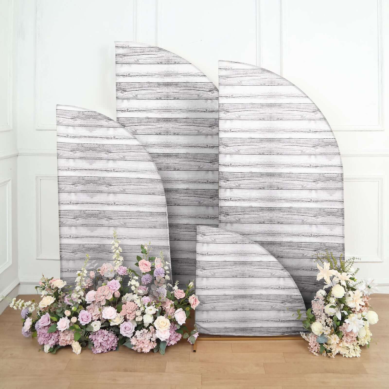 Set of 4 Whitewash Rustic Wood Print Spandex Chiara Backdrop Stand Covers, Fitted Covers For Half Moon Wedding Arches 2.5ft, 5ft, 6ft, 7ft