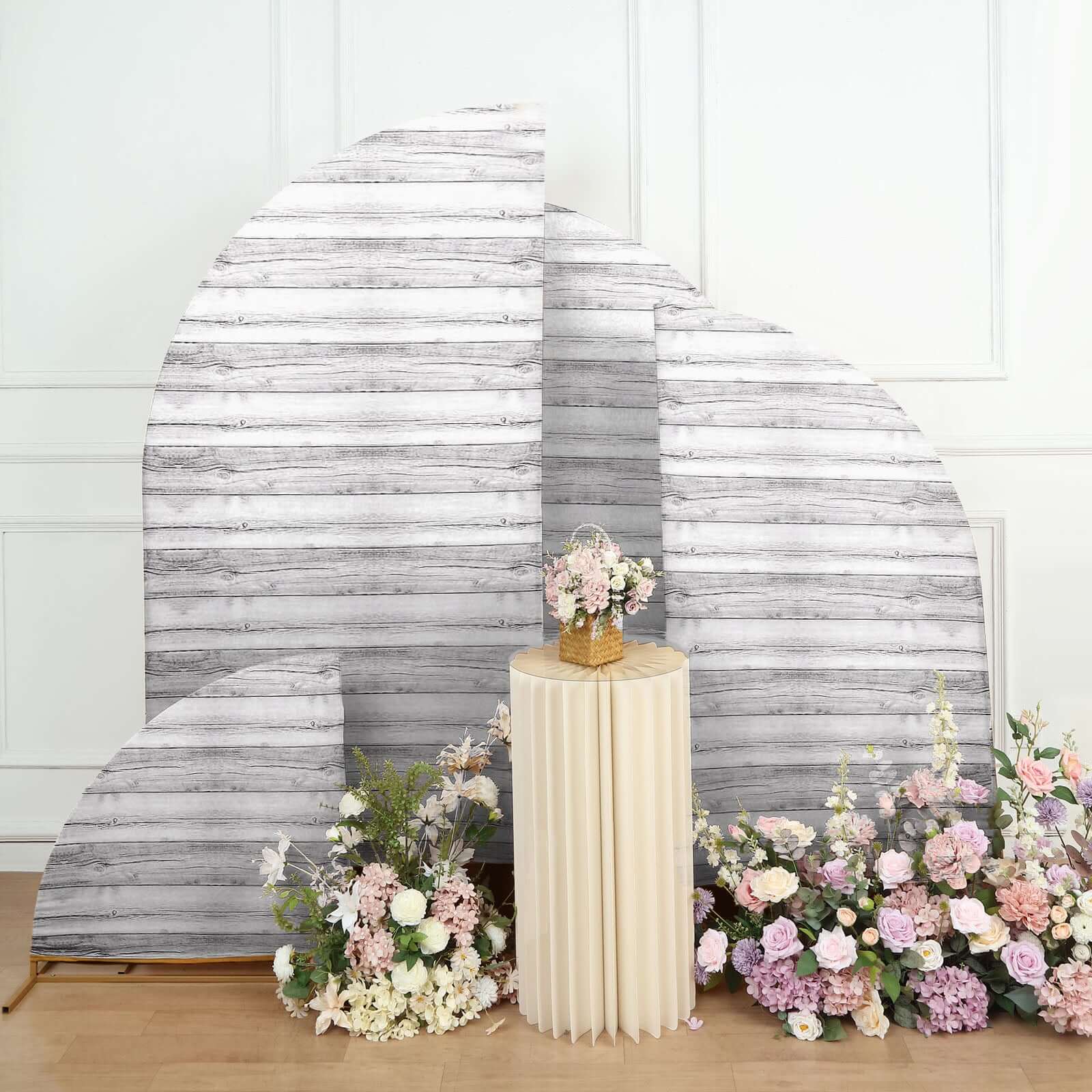 Set of 4 Whitewash Rustic Wood Print Spandex Chiara Backdrop Stand Covers, Fitted Covers For Half Moon Wedding Arches 2.5ft, 5ft, 6ft, 7ft - Image 2