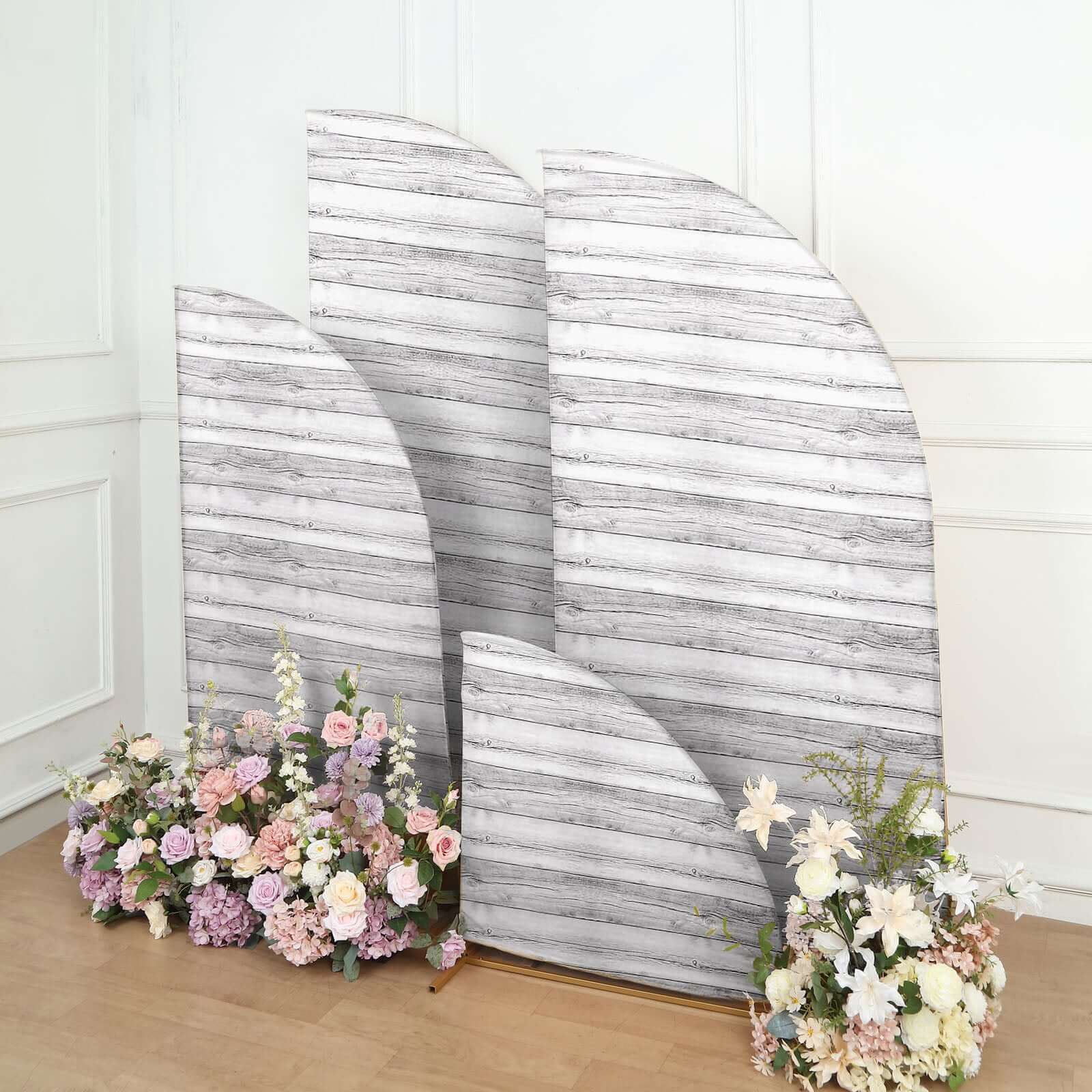 Set of 4 Whitewash Rustic Wood Print Spandex Chiara Backdrop Stand Covers, Fitted Covers For Half Moon Wedding Arches 2.5ft, 5ft, 6ft, 7ft - Image 4