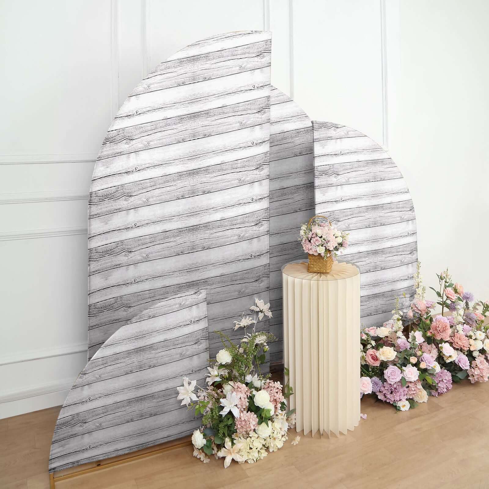 Set of 4 Whitewash Rustic Wood Print Spandex Chiara Backdrop Stand Covers, Fitted Covers For Half Moon Wedding Arches 2.5ft, 5ft, 6ft, 7ft - Image 6