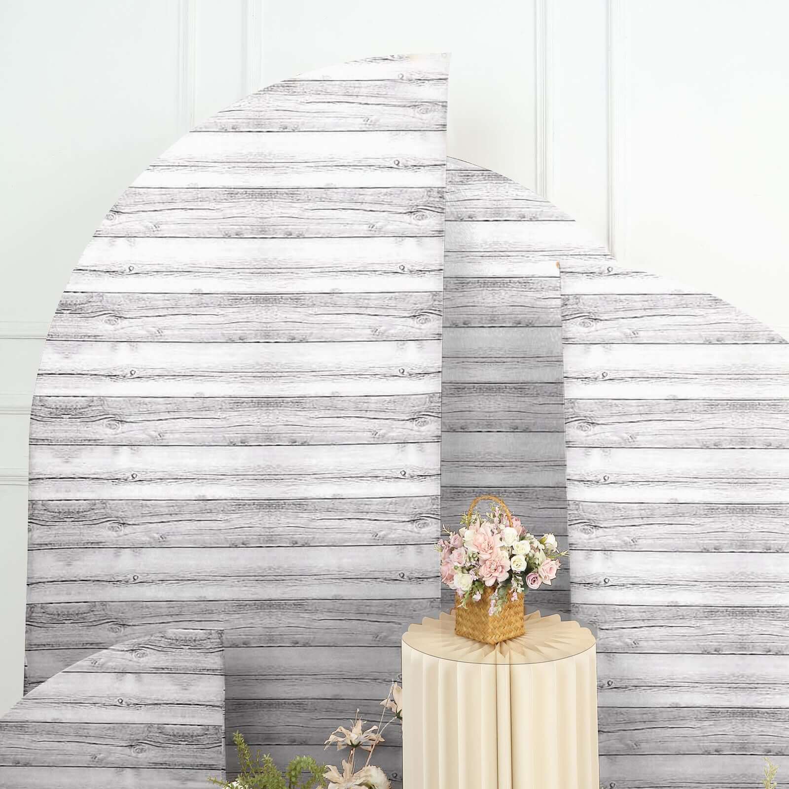 Set of 4 Whitewash Rustic Wood Print Spandex Chiara Backdrop Stand Covers, Fitted Covers For Half Moon Wedding Arches 2.5ft, 5ft, 6ft, 7ft - Image 8