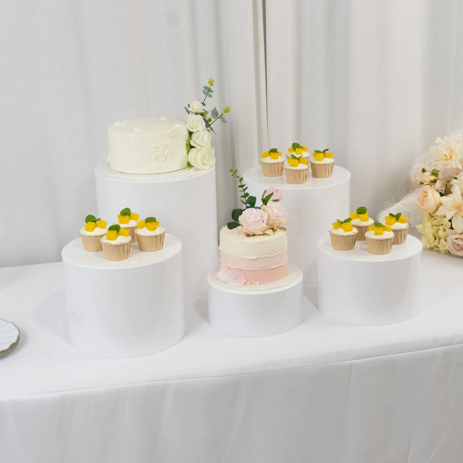 Set of 5 Acrylic Cake Stands 8.5", 9", 10", 11", 12" Round Cylinder Design White - Display Risers for Weddings