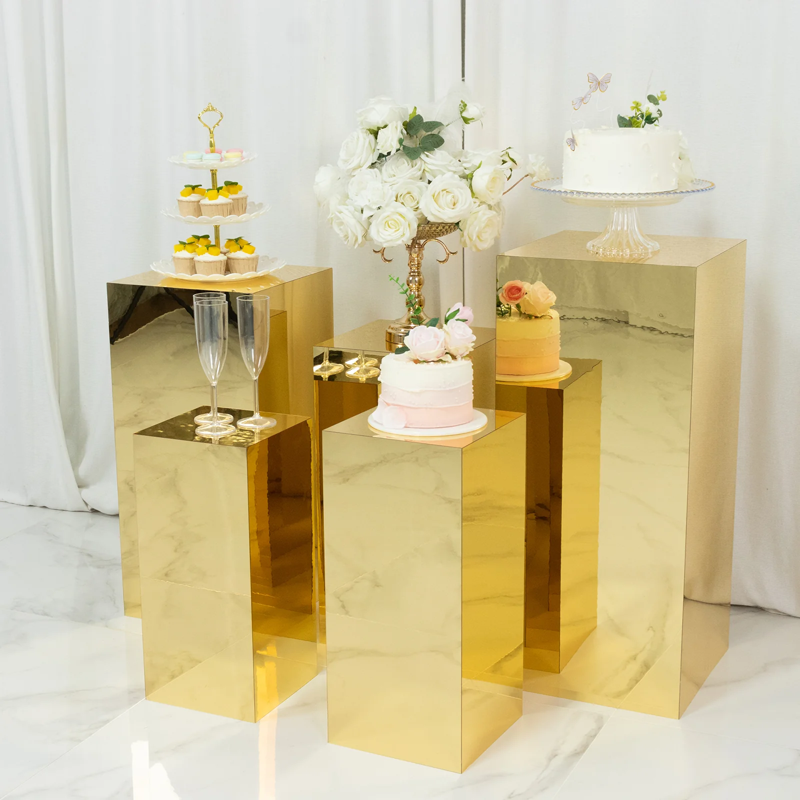 Set of 5 Gold Mirror Acrylic Pedestal Risers – Pre-Assembled Rectangular Display Stands for Weddings, Events & Product Showcases – 20", 22", 24", 28", 32" - Image 9