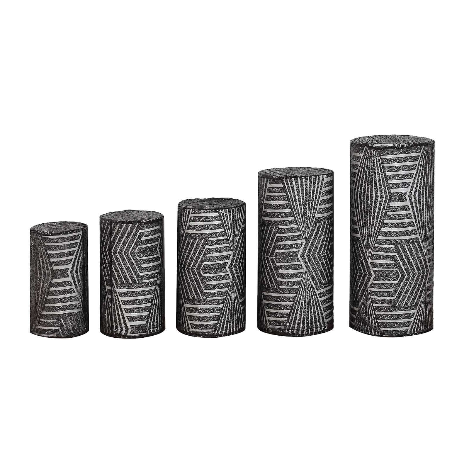 Set of 5 Black Sequin Mesh Cylinder Pillar Prop Covers with Geometric Pattern Embroidery, Sparkly Sheer Tulle Pedestal Stand Covers - Image 12