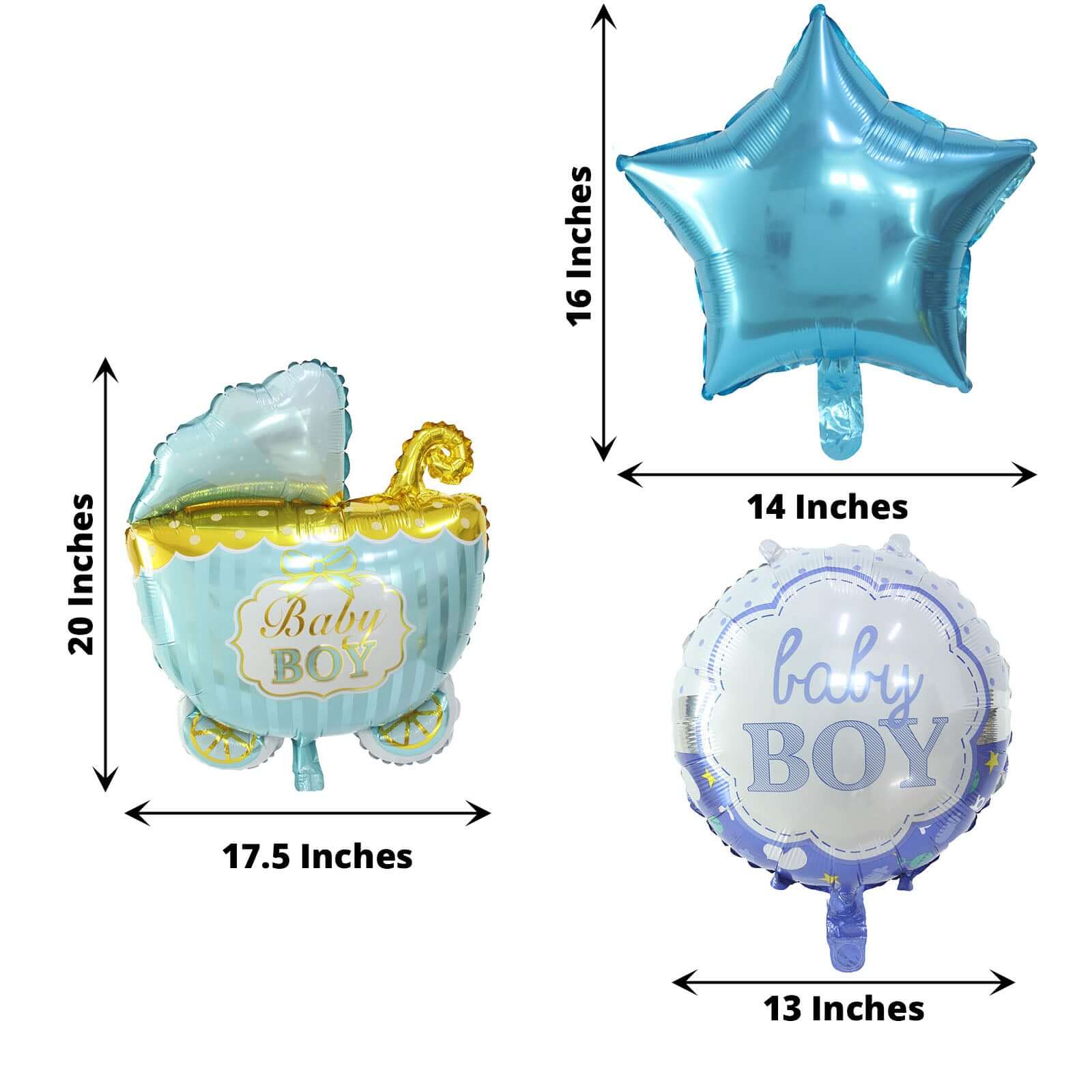 Set of 5 Blue/White Boy Baby Shower Mylar Foil Balloon Set, Star, Round and Baby Carriage Balloon Bouquet With Ribbon, Gender Reveal Party Decorations - Image 3