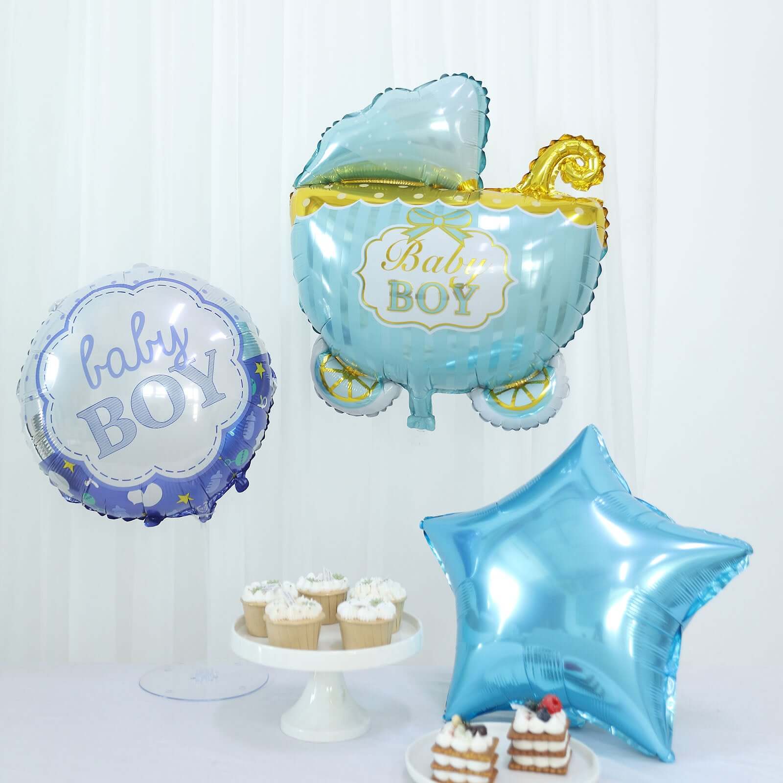 Set of 5 Blue/White Boy Baby Shower Mylar Foil Balloon Set, Star, Round and Baby Carriage Balloon Bouquet With Ribbon, Gender Reveal Party Decorations - Image 4
