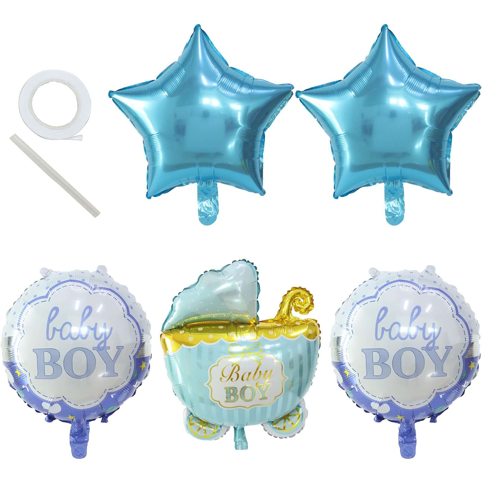 Set of 5 Blue/White Boy Baby Shower Mylar Foil Balloon Set, Star, Round and Baby Carriage Balloon Bouquet With Ribbon, Gender Reveal Party Decorations - Image 7