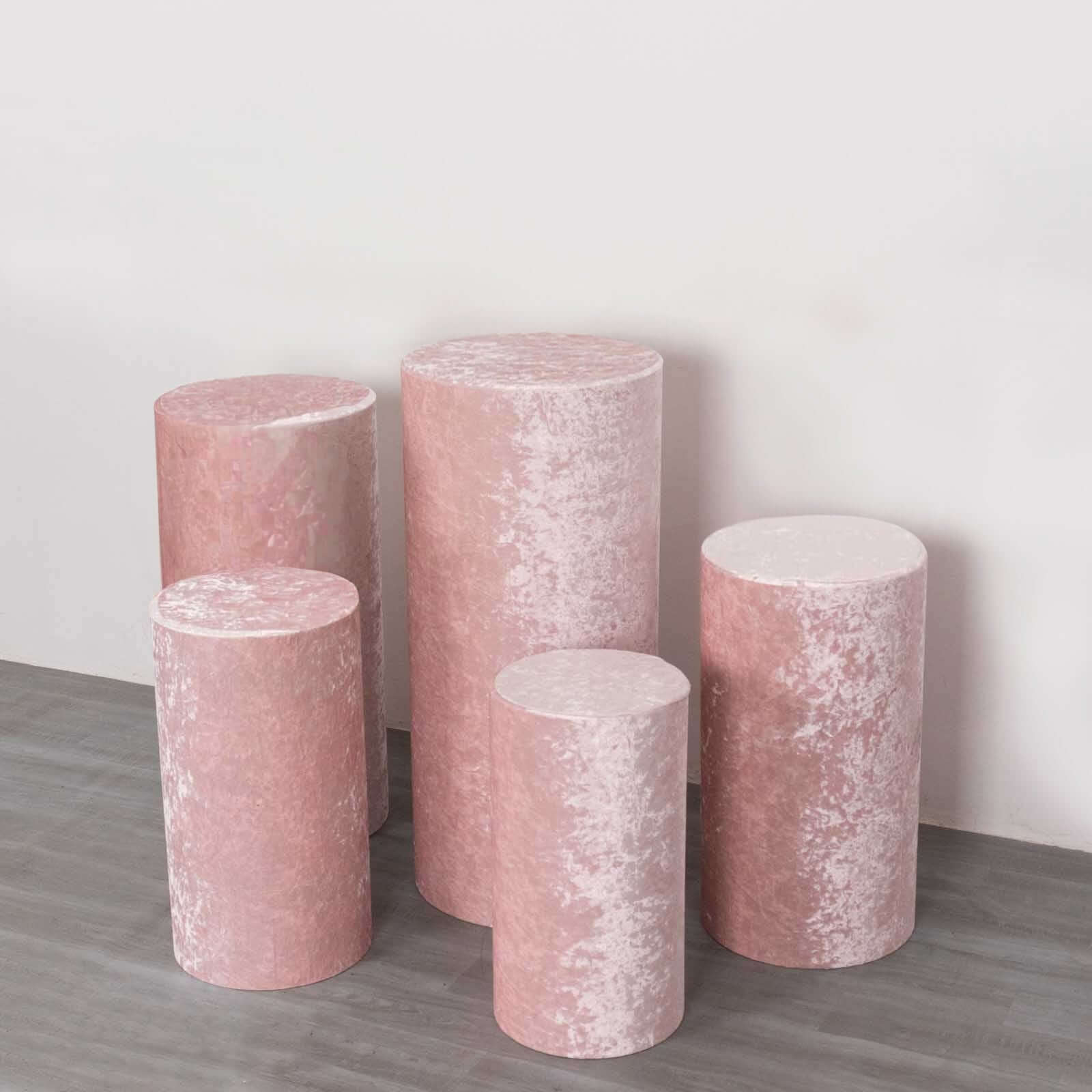 Set of 5 Blush Crushed Velvet Cylinder Pillar Prop Covers, Premium Pedestal Stand Covers - Image 2