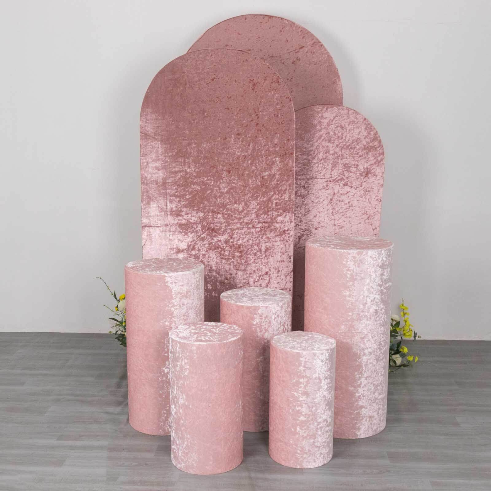 Set of 5 Blush Crushed Velvet Cylinder Pillar Prop Covers, Premium Pedestal Stand Covers - Image 5