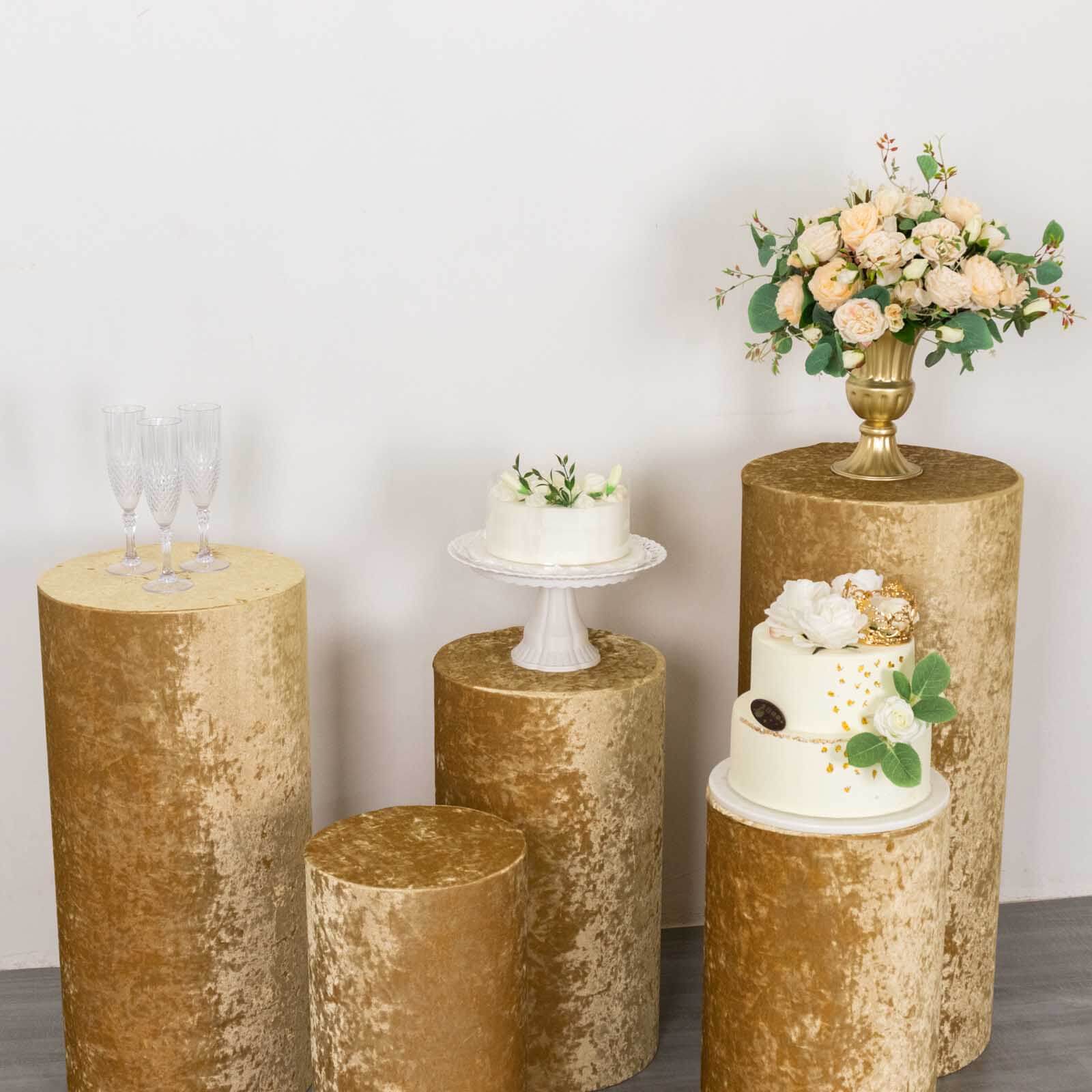Set of 5 Champagne Crushed Velvet Cylinder Pillar Prop Covers, Premium Pedestal Stand Covers - Image 10