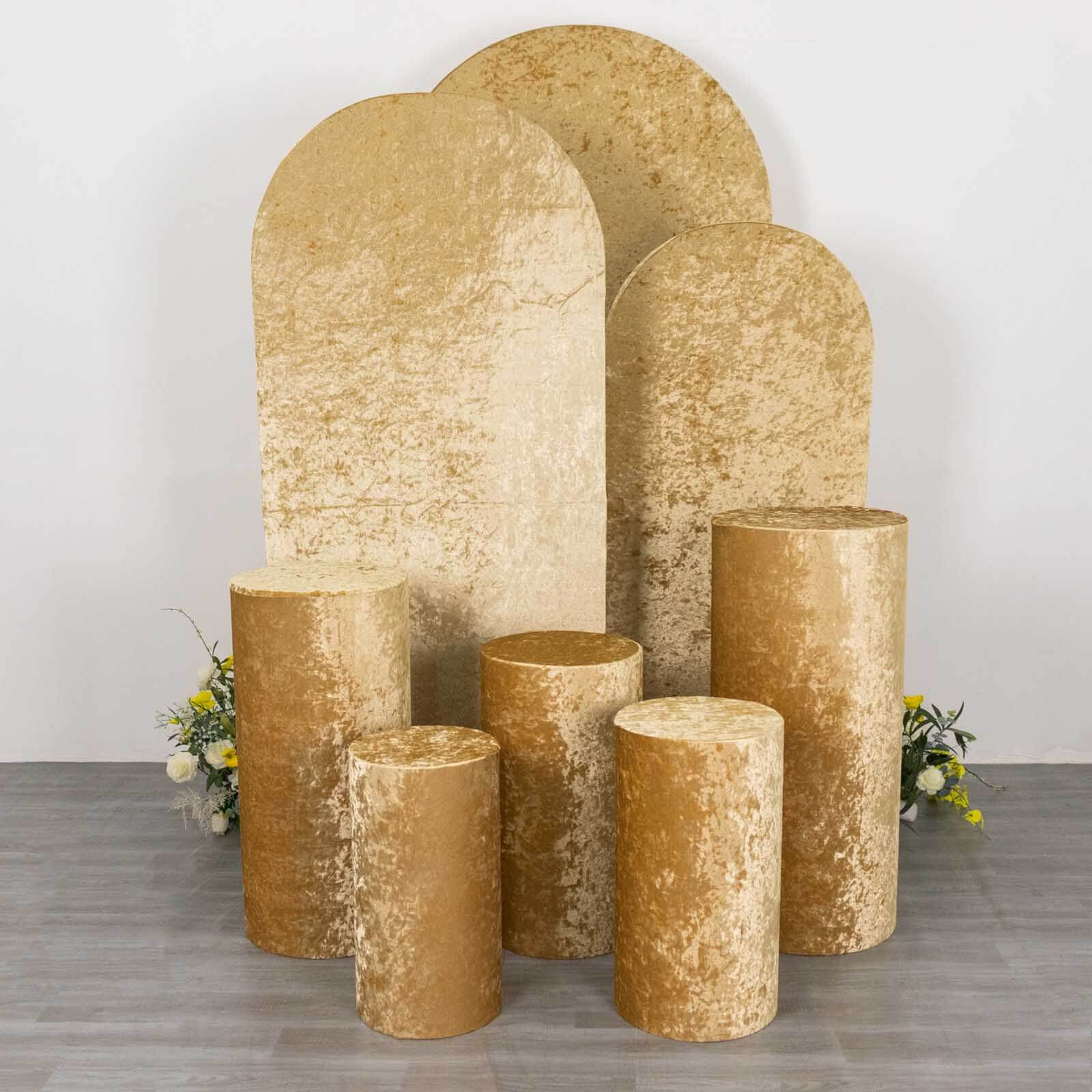 Set of 5 Champagne Crushed Velvet Cylinder Pillar Prop Covers, Premium Pedestal Stand Covers - Image 2