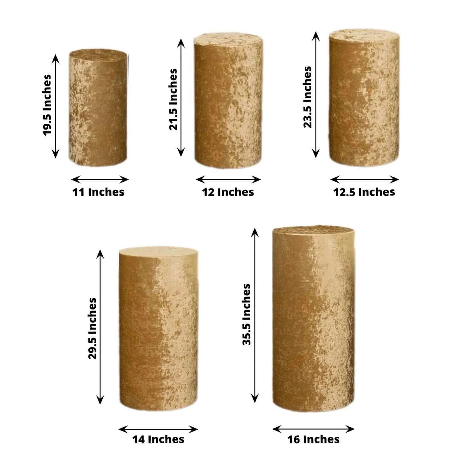 Set of 5 Champagne Crushed Velvet Cylinder Pillar Prop Covers, Premium Pedestal Stand Covers - Image 3
