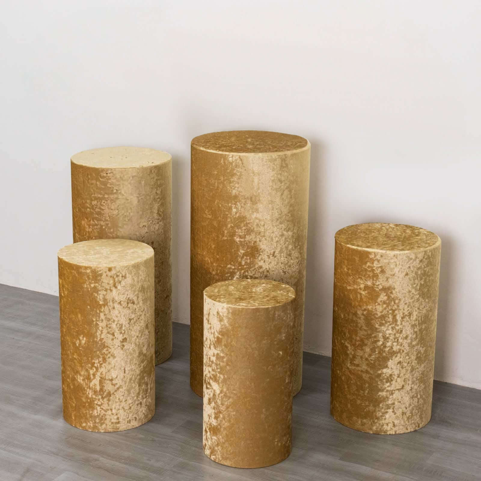 Set of 5 Champagne Crushed Velvet Cylinder Pillar Prop Covers, Premium Pedestal Stand Covers - Image 4