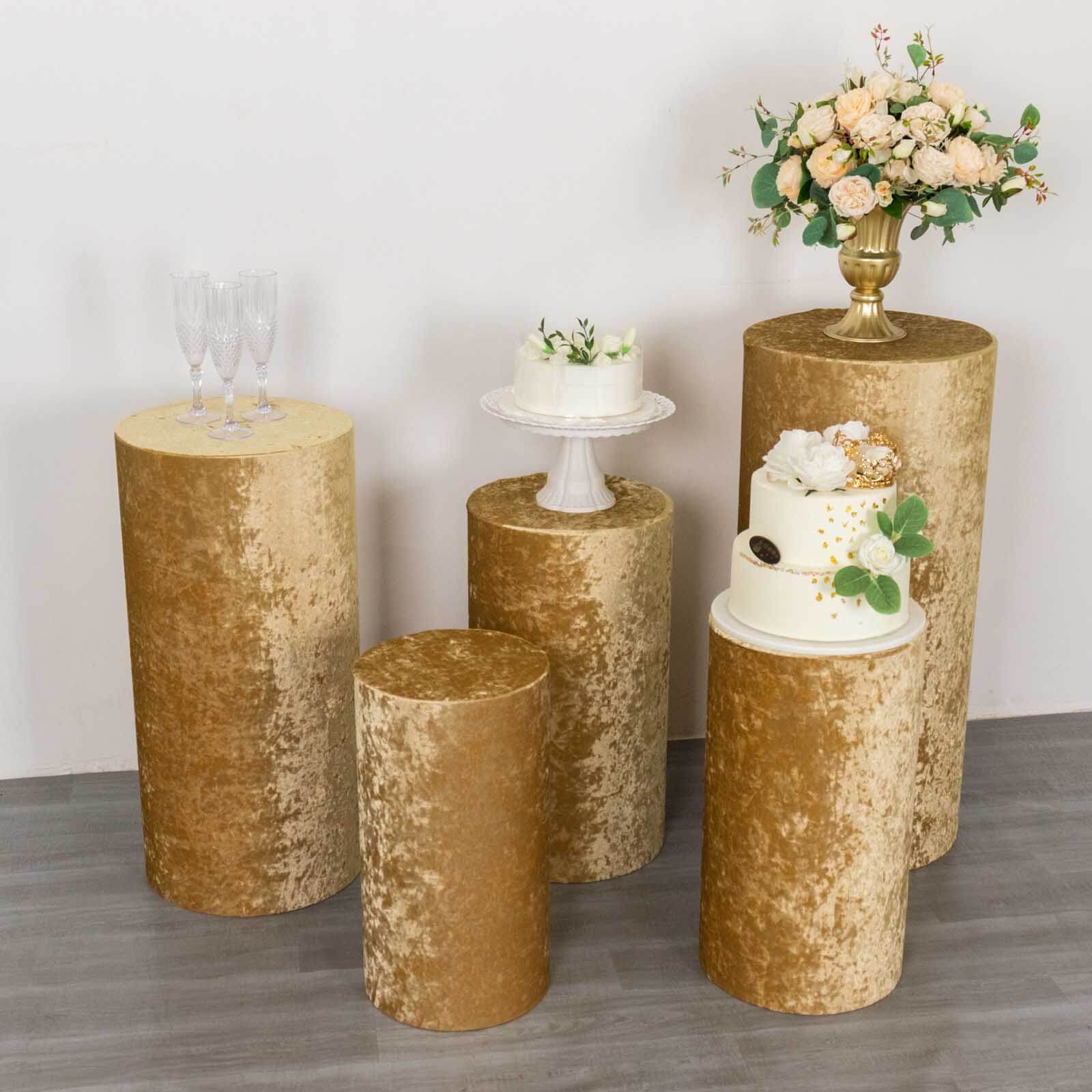 Set of 5 Champagne Crushed Velvet Cylinder Pillar Prop Covers, Premium Pedestal Stand Covers - Image 9