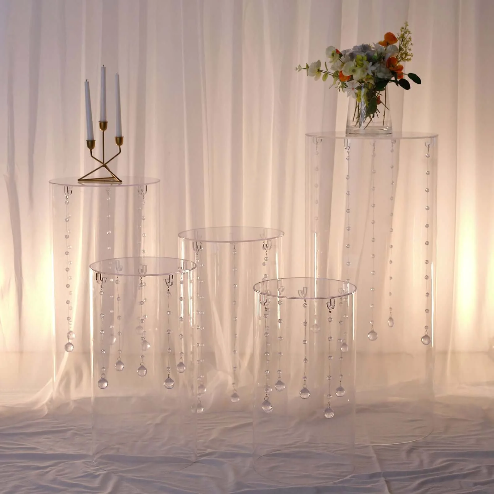 Set of 5 Clear Acrylic Cylinder Pedestal Stands With Hanging Hooks, Wedding Pillar Plinth Column Cake Dessert Table Display - Image 2