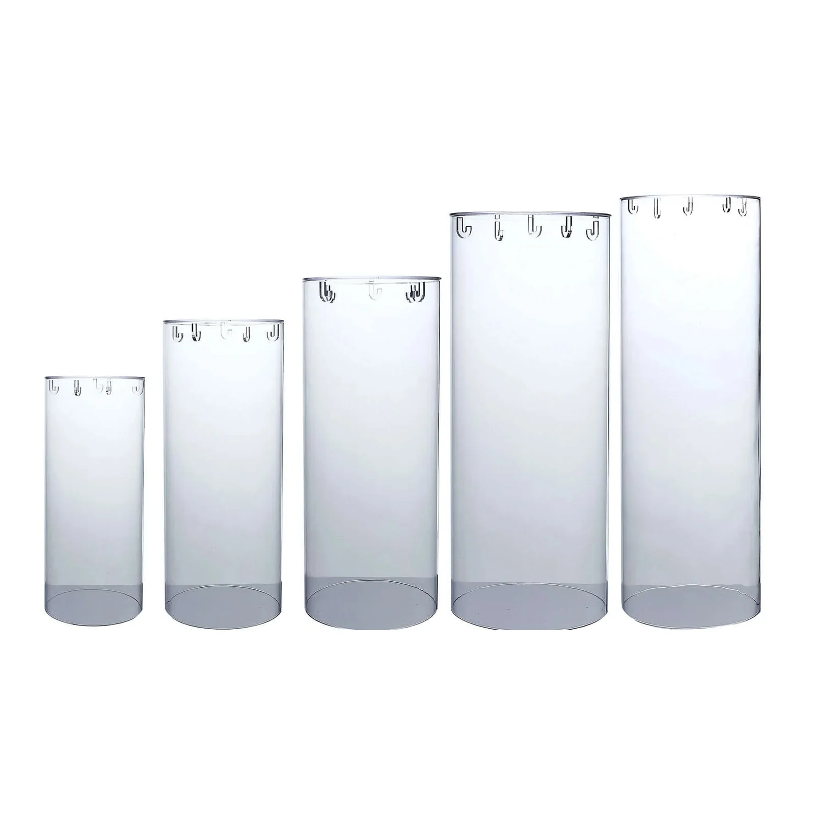 Set of 5 Clear Acrylic Cylinder Pedestal Stands With Hanging Hooks, Wedding Pillar Plinth Column Cake Dessert Table Display - Image 6